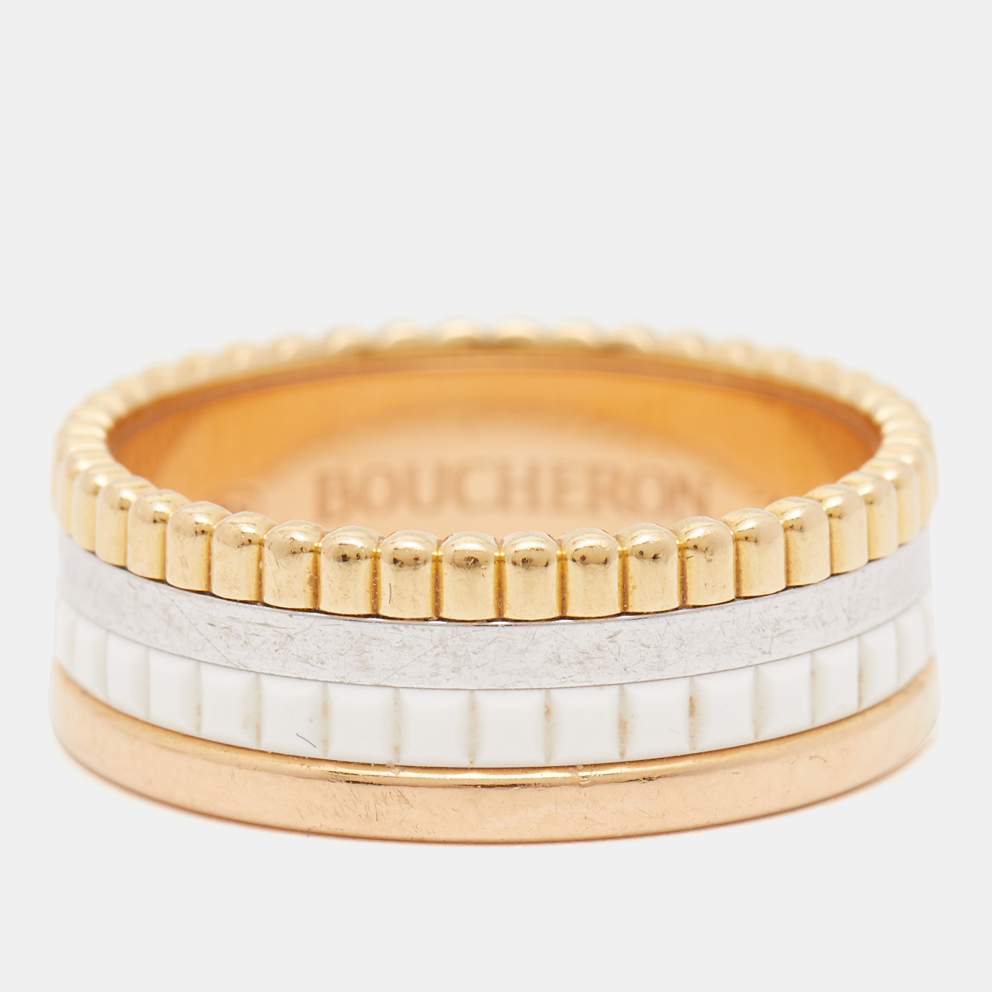 

Boucheron Quatre Classique White Edition Ceramic 18k Three Tone Gold Ring Size