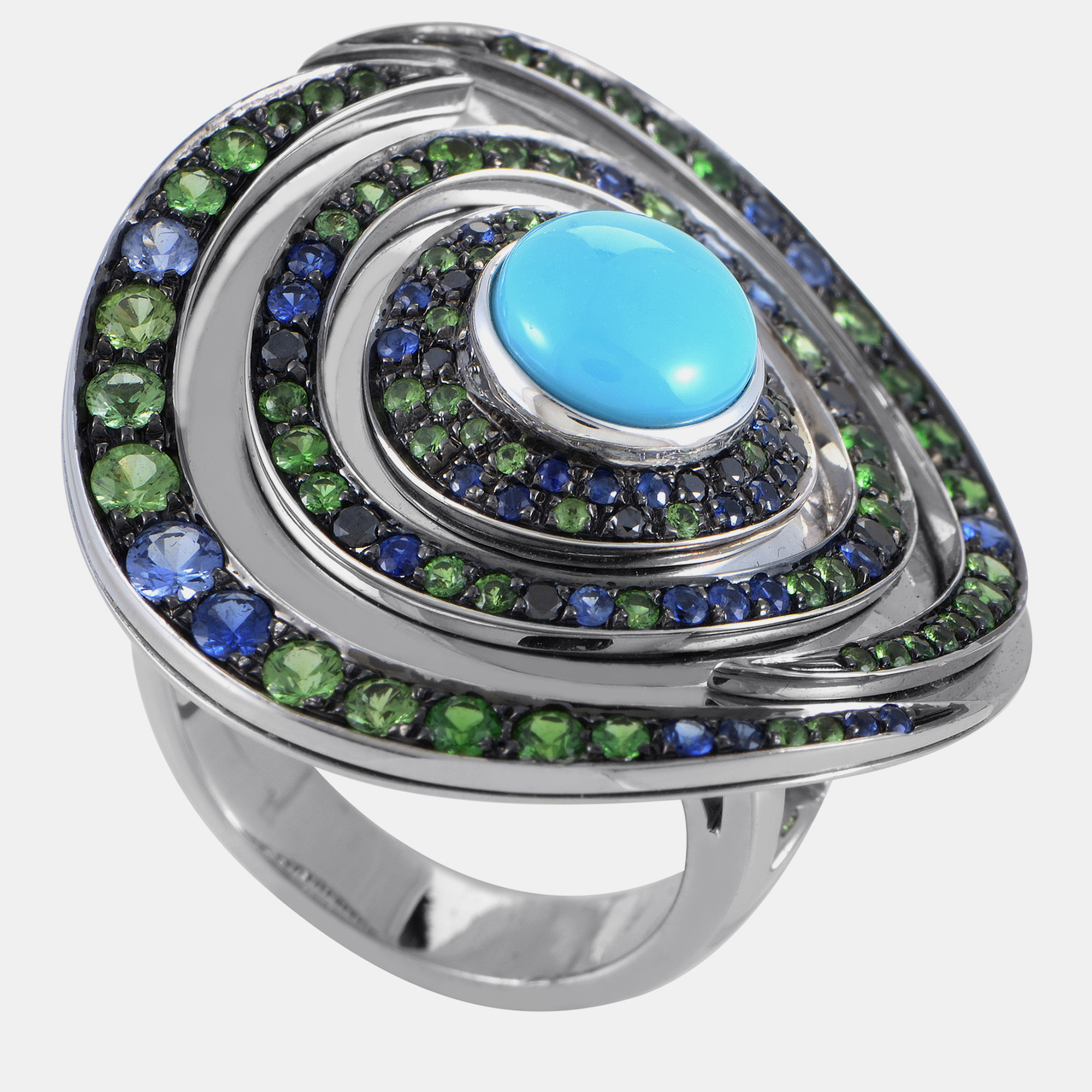 

Boucheron 18K White Gold Blue and Green Gemstone Vortex Cocktail Ring US 6