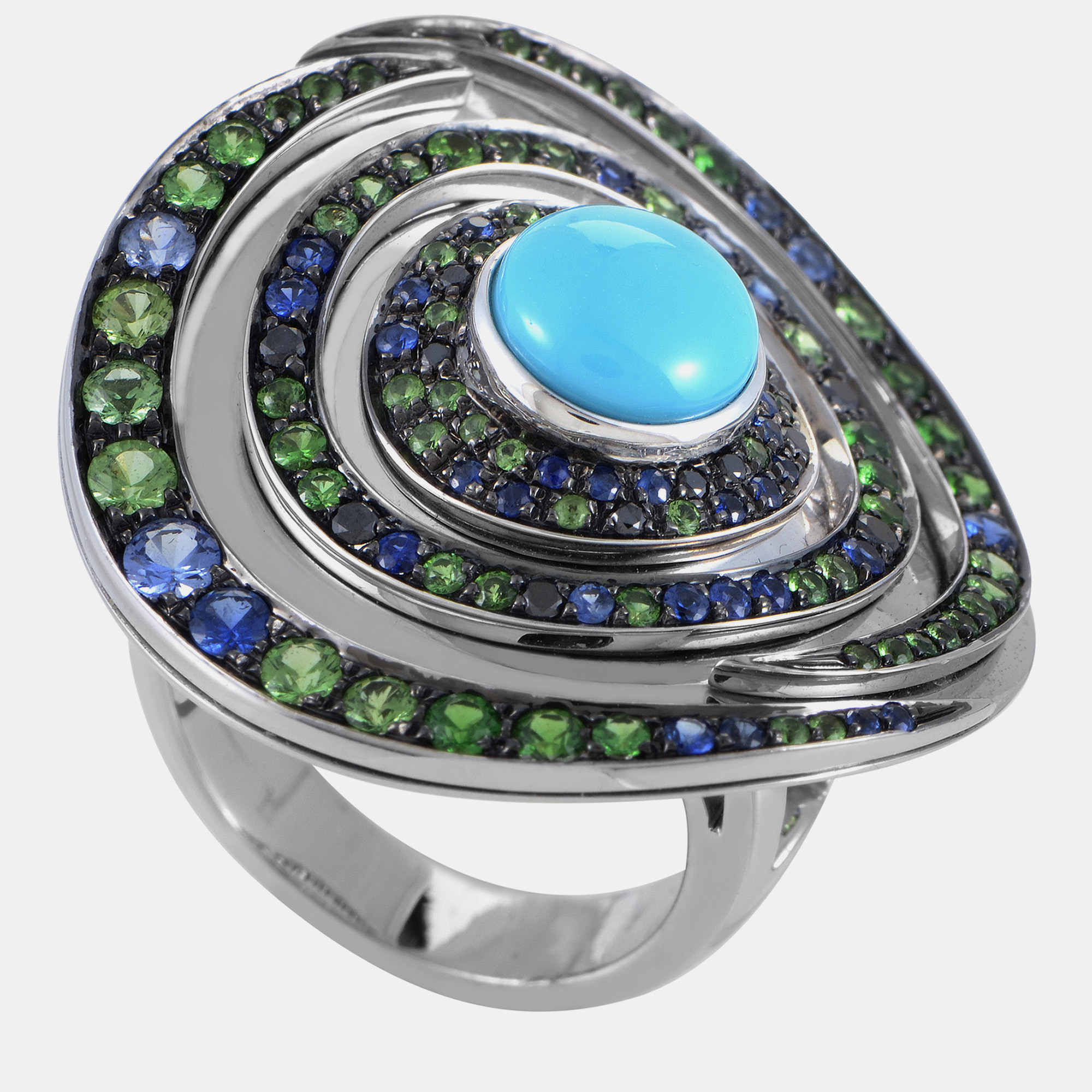 

Boucheron 18K White Gold Blue and Green Gemstone Vortex Cocktail Ring US 6.25