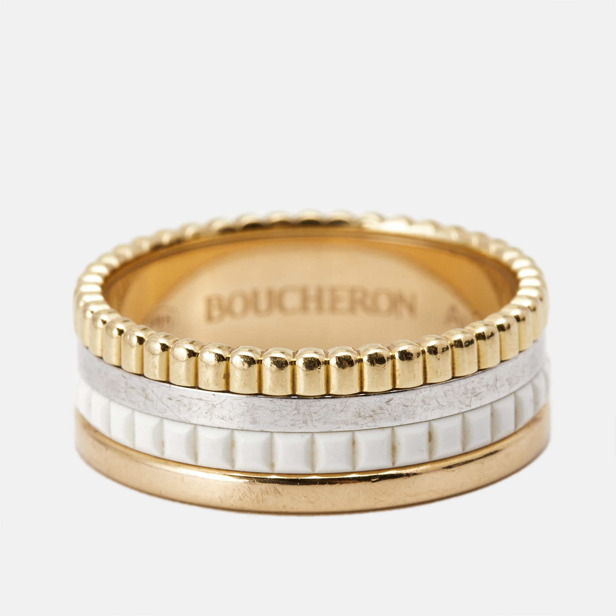 

Boucheron Quatre Classique White Edition Ceramic 18k Three Tone Gold Ring Size