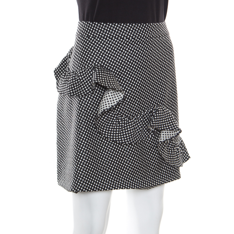 

Boutique Moschino Monochrome Micro Jacquard Wool Ruffled Skirt, Black