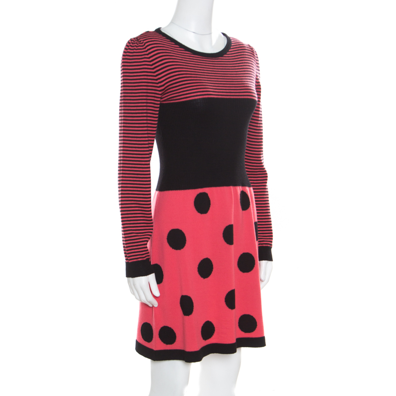 

Boutique Moschino Pink Stripes and Polka Dotted Wool Fitted Dress
