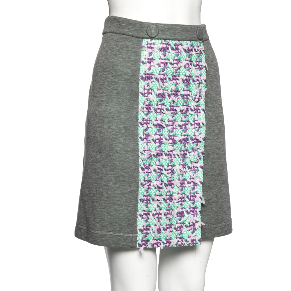 

Boutique Moschino Grey Knit Tweed Panel Detail Faux Wrap Mini Skirt