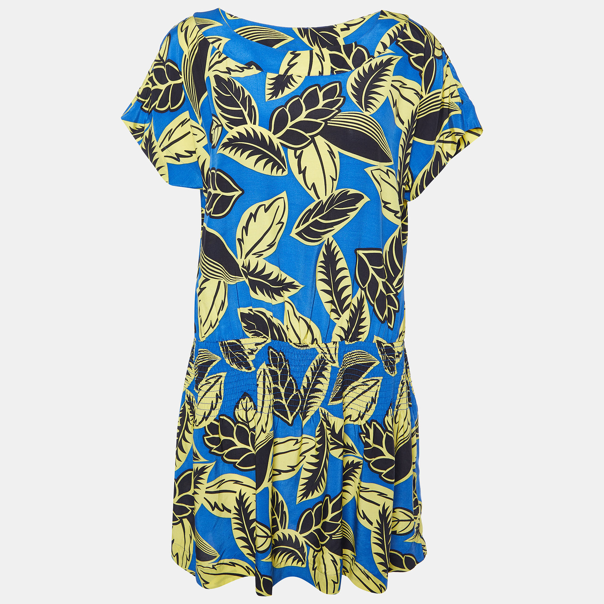 Pre-owned Boutique Moschino Blue Printed Rayon Shirred Detail Mini Dress S