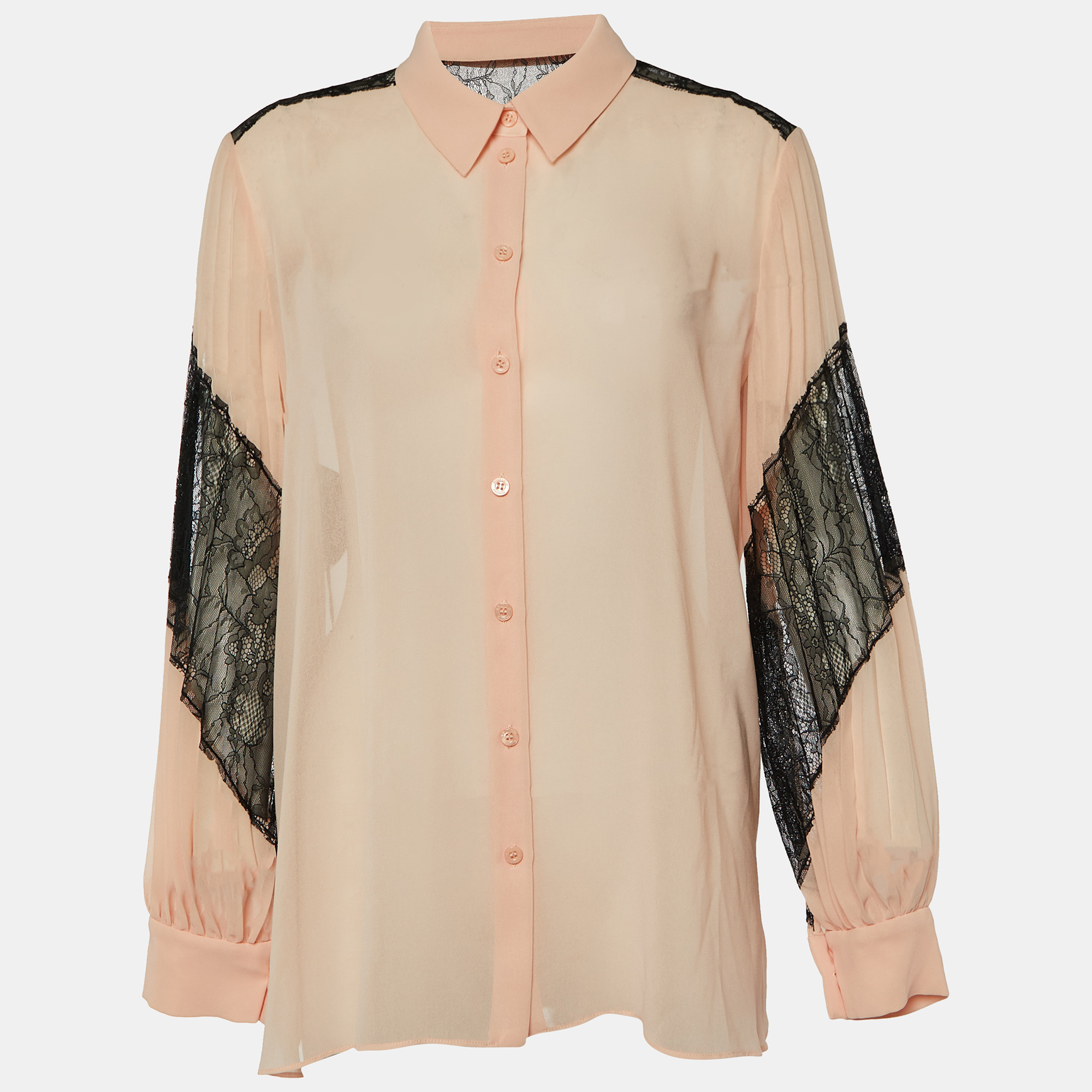 Pre-owned Boutique Moschino Pink Chiffon & Lace Detail Plisse Sleeve Shirt M