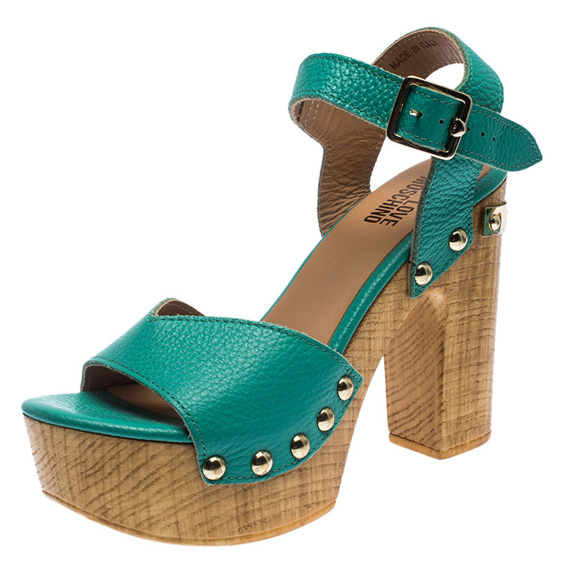 Pre Owned Moschino Green Leather Platform Ankle Strap Sandals Size 38