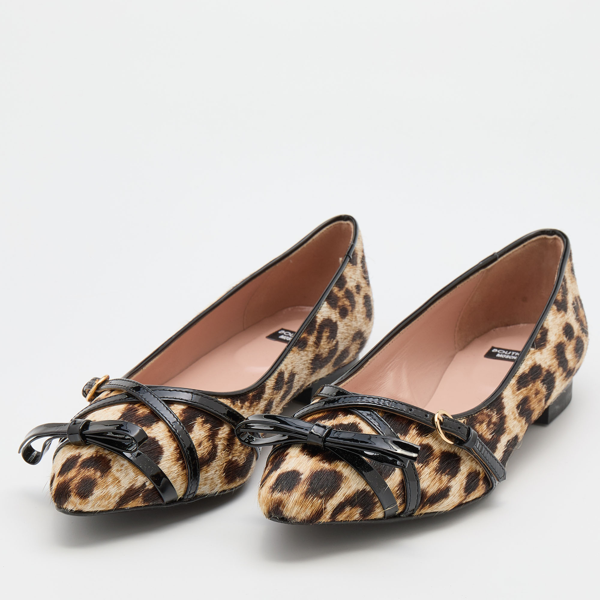 

Boutique Moschino Brown/Black Leopard Print Calf Hair and Patent Leather Bow Ballet Flats Size