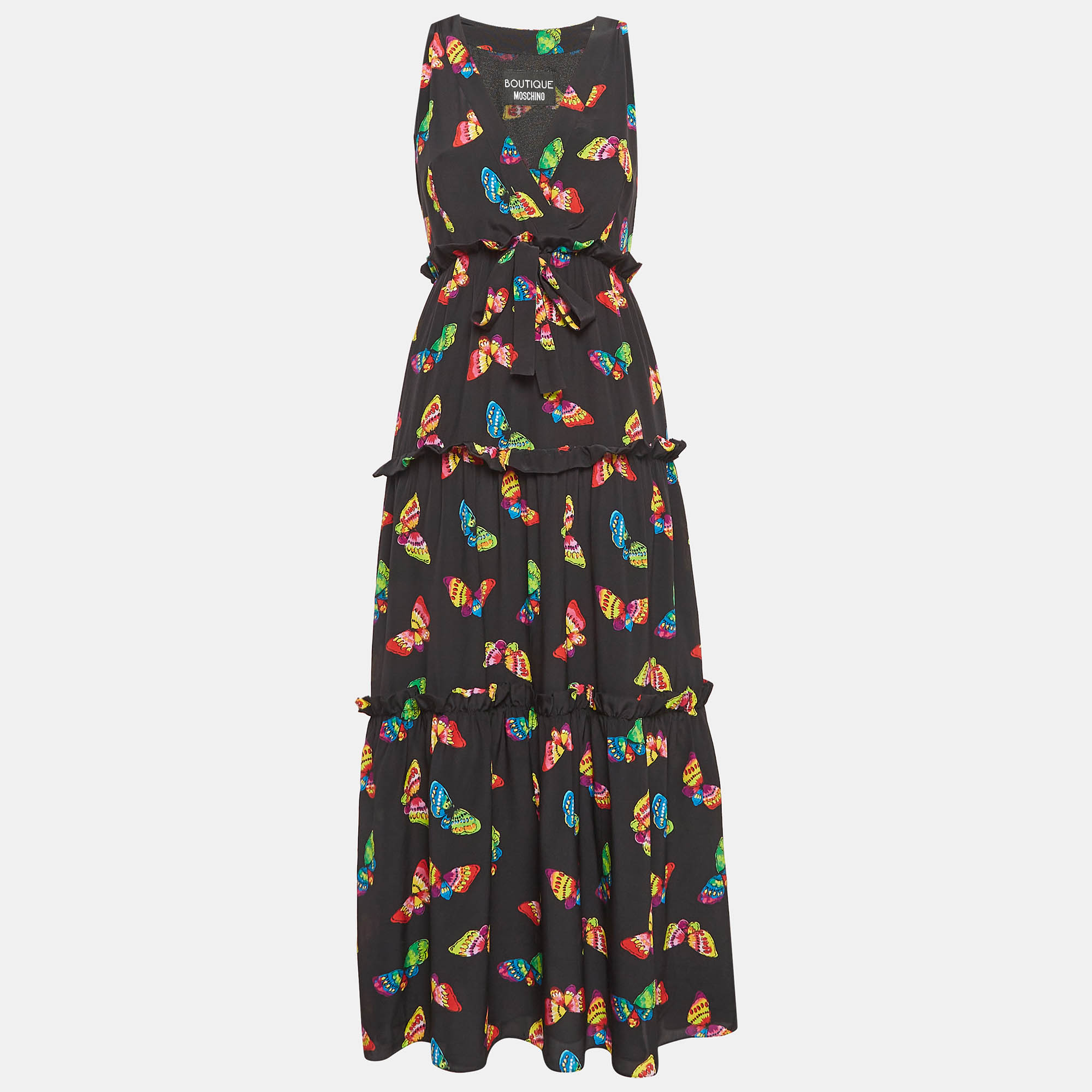 

Boutique Moschino Black Butterfly Print Tiered Midi Dress S