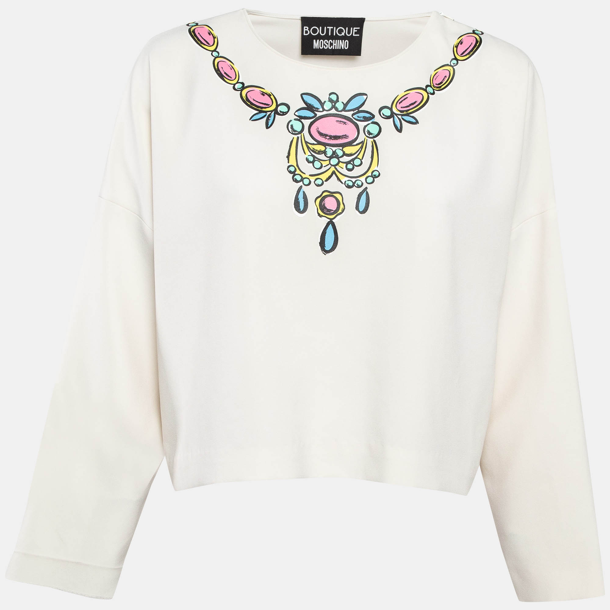 

Boutique Moschino White Necklace Print Crepe Top M