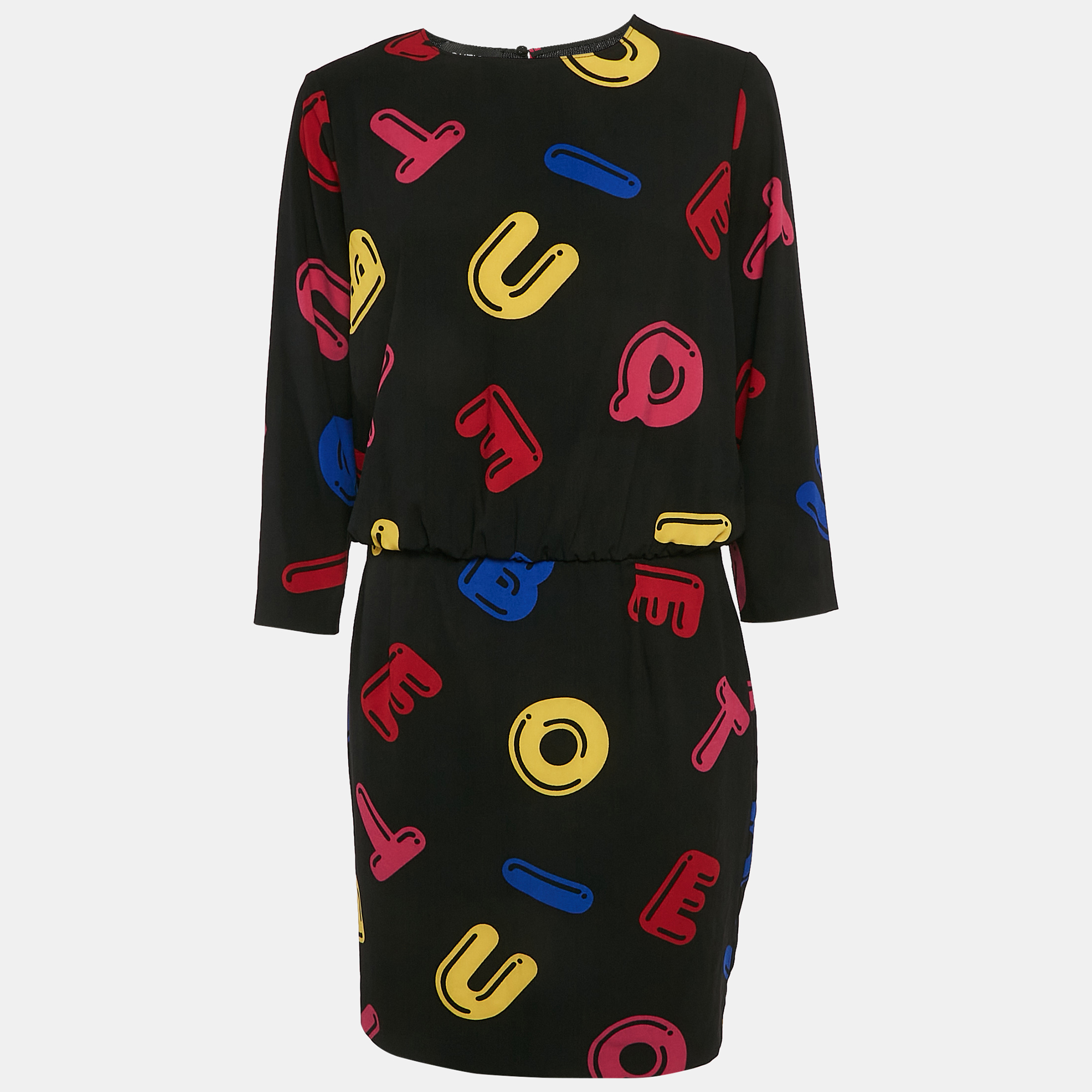 

Boutique Moschino Black Alphabets Print Crepe Short Dress M