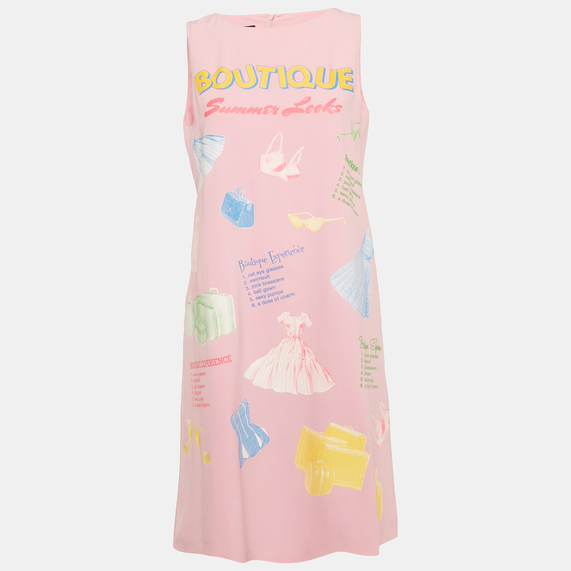 

Boutique Moschino Pink Summer Looks Print Crepe Shift Dress M