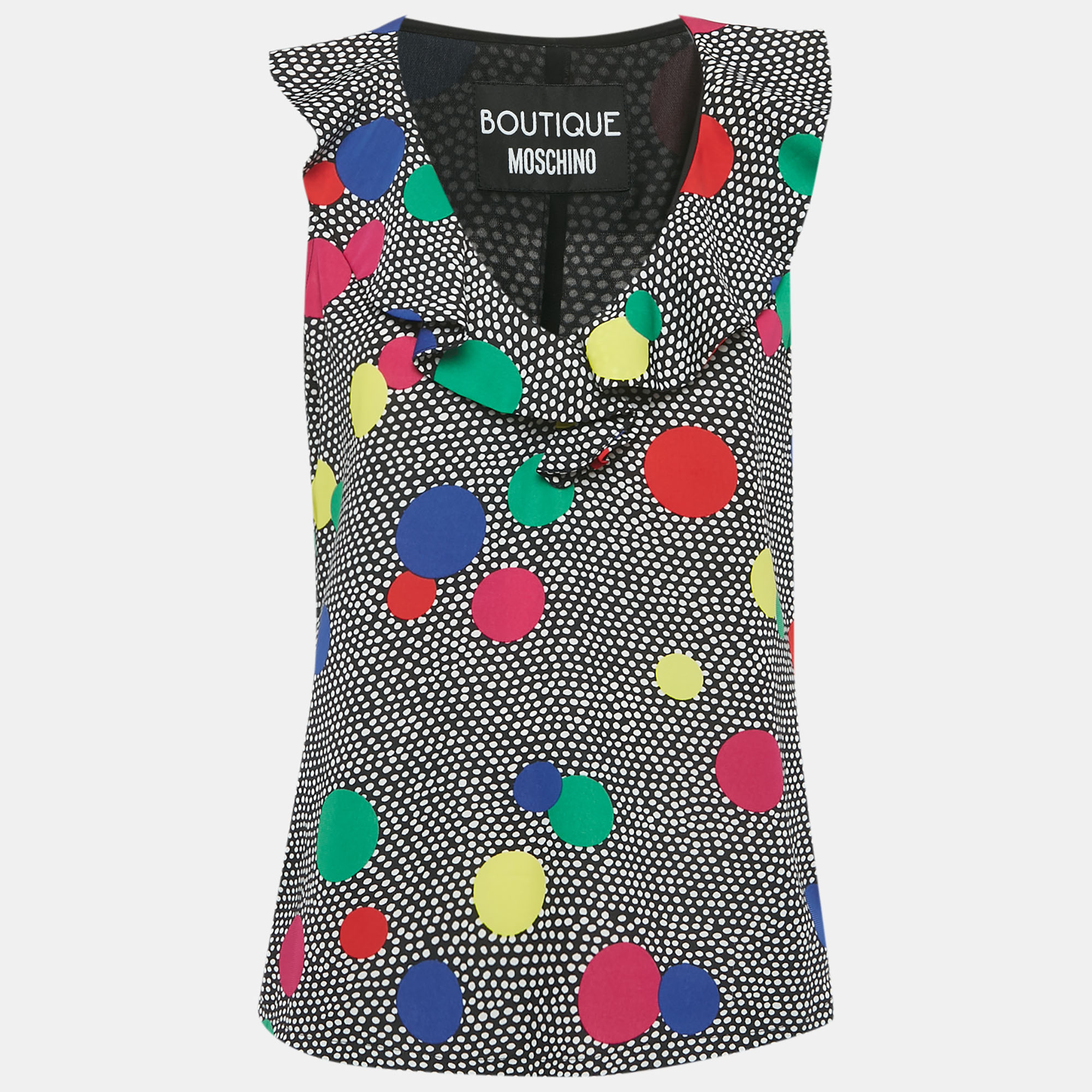 

Boutique Moschino Black Dots Print Crepe Ruffled Top L