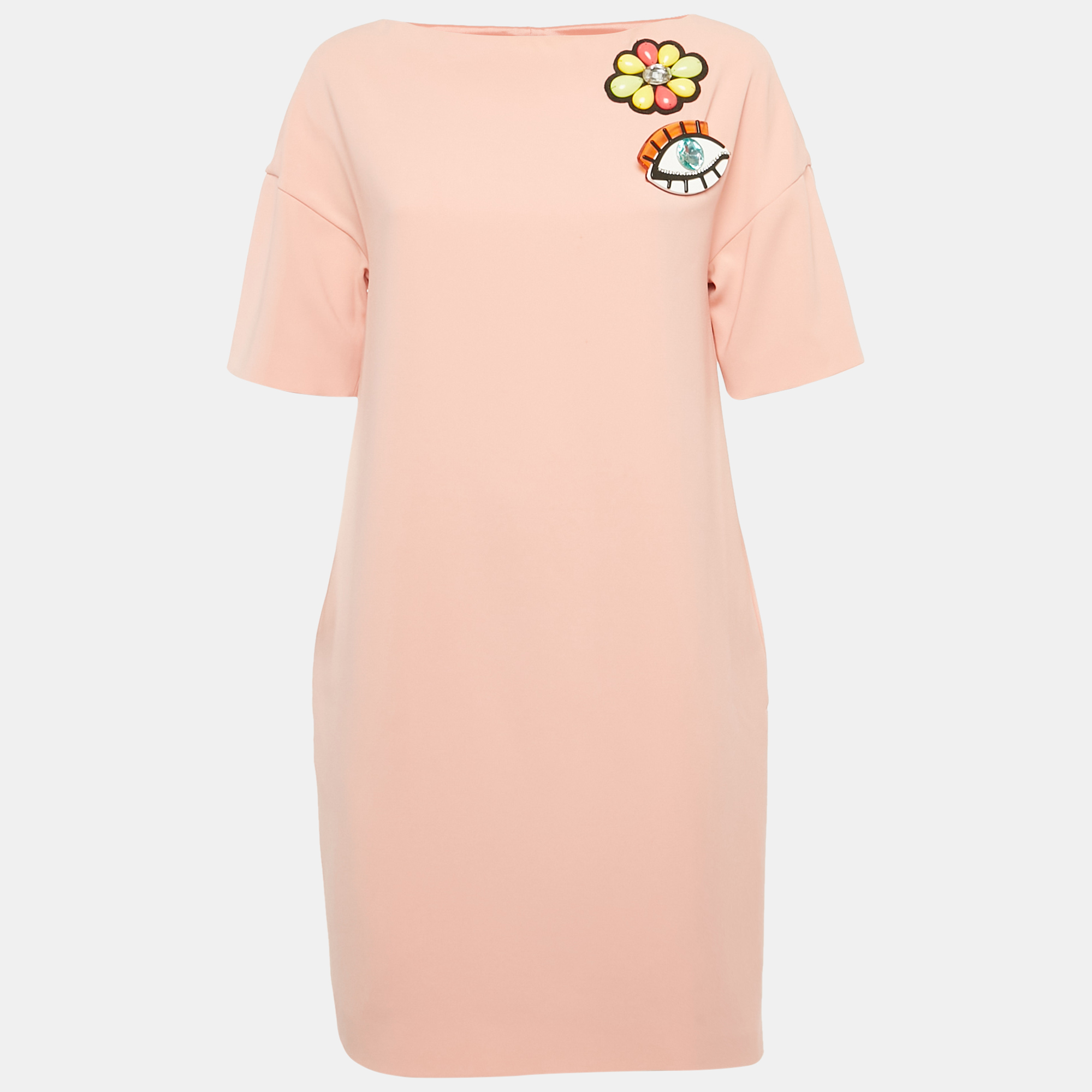 

Boutique Moschino Pink Flower Applique Crepe Brooch Detail Shit Dress S