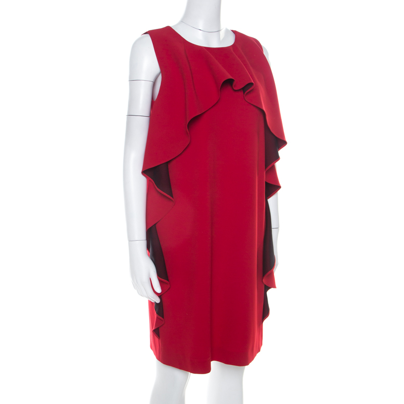 

Boutique Moschino Red Crepe Knit Ruffle Front Sleeveless Shift Dress