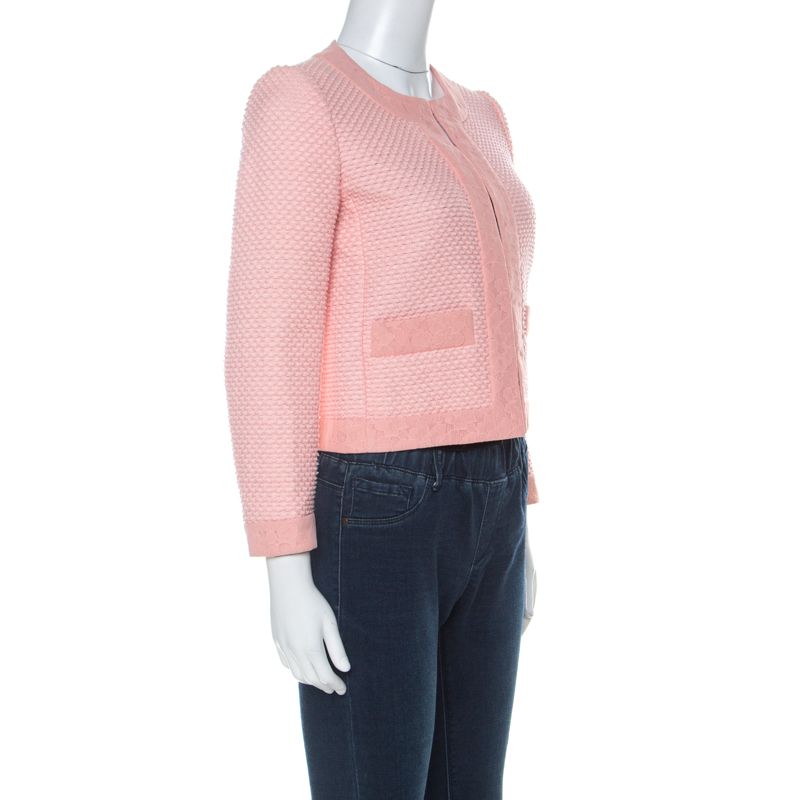 

Boutique Moschino Pink Tweed Lace Trimmed Cropped Jacket