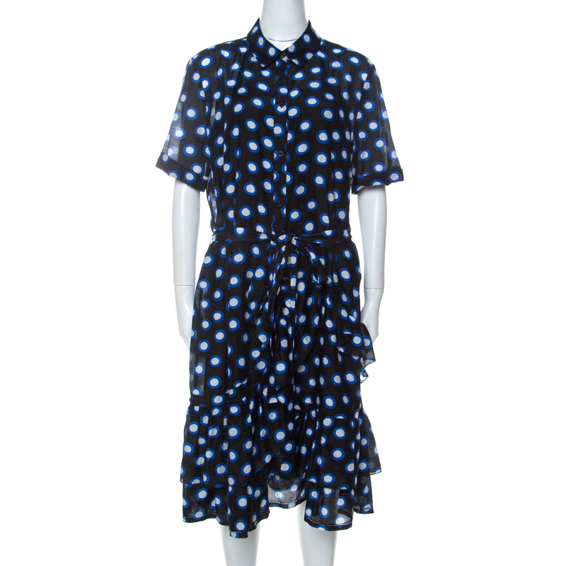 Pre Owned Boutique Moschino Black and Blue Polka Dot Cotton Ruffle Trim Belted Dress L 
