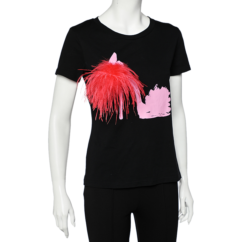 

Boutique Moschino Black Stiletto Printed Cotton Feather Pin Detail T-Shirt