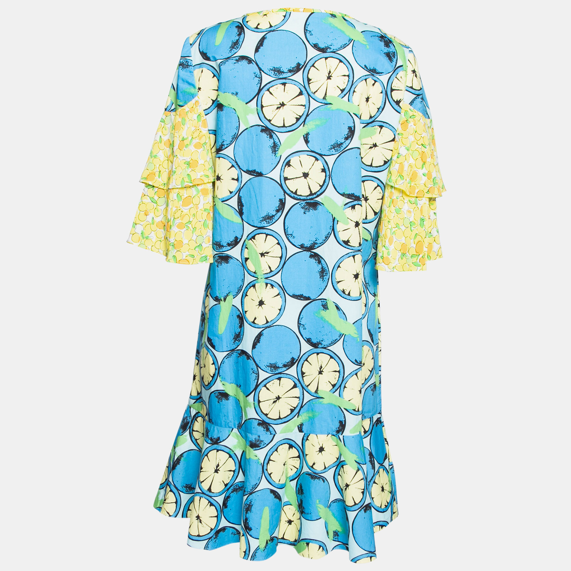 

Boutique Moschino Blue and Yellow Floral Printed Cotton Ruffle Bell Sleeves Dress