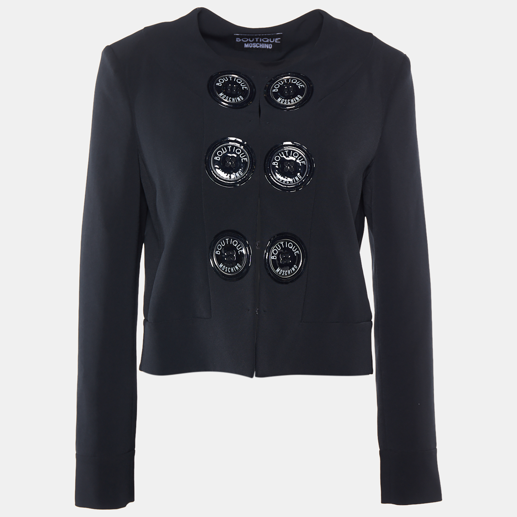 

Boutique Moschino Black Crepe Oversize Logo Button Detail Cropped Jacket