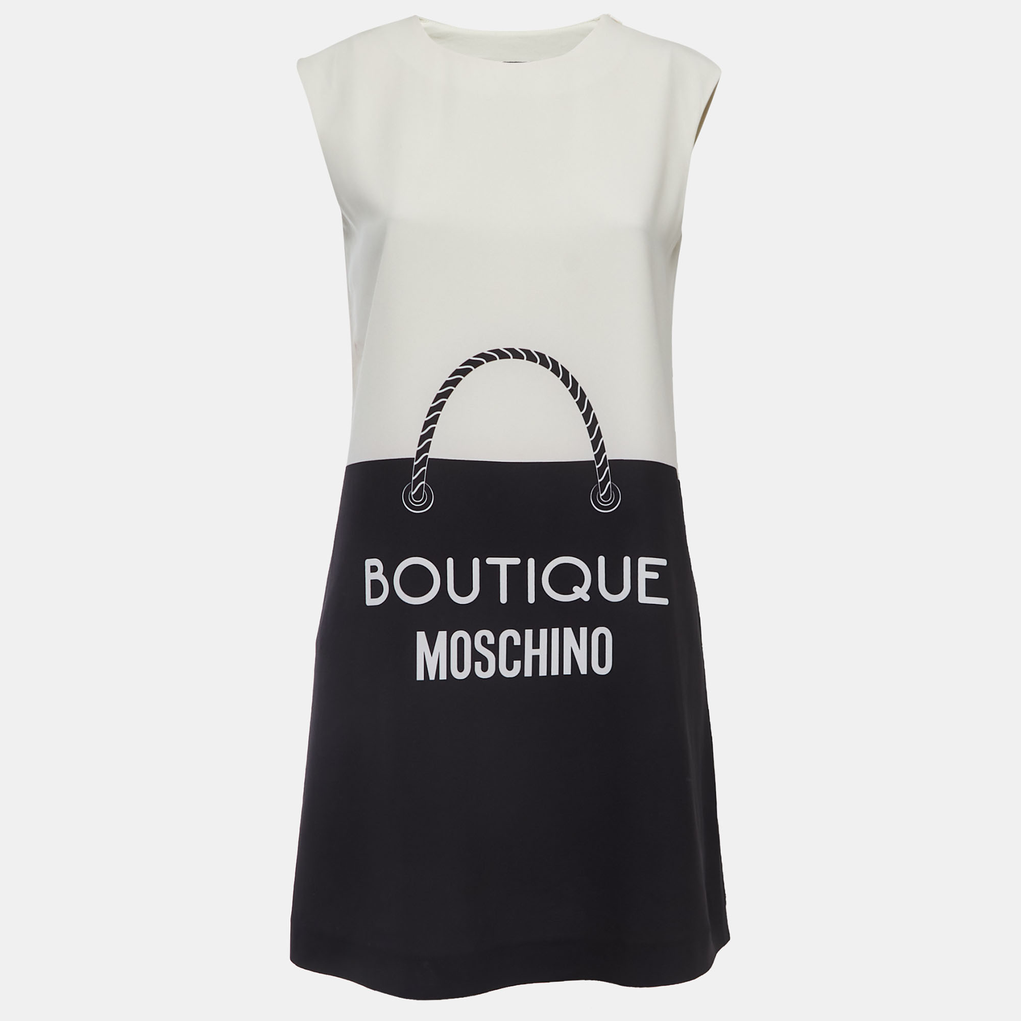 

Boutique Moschino Cream/Black Logo Print Crepe Sleeveless Mini Dress