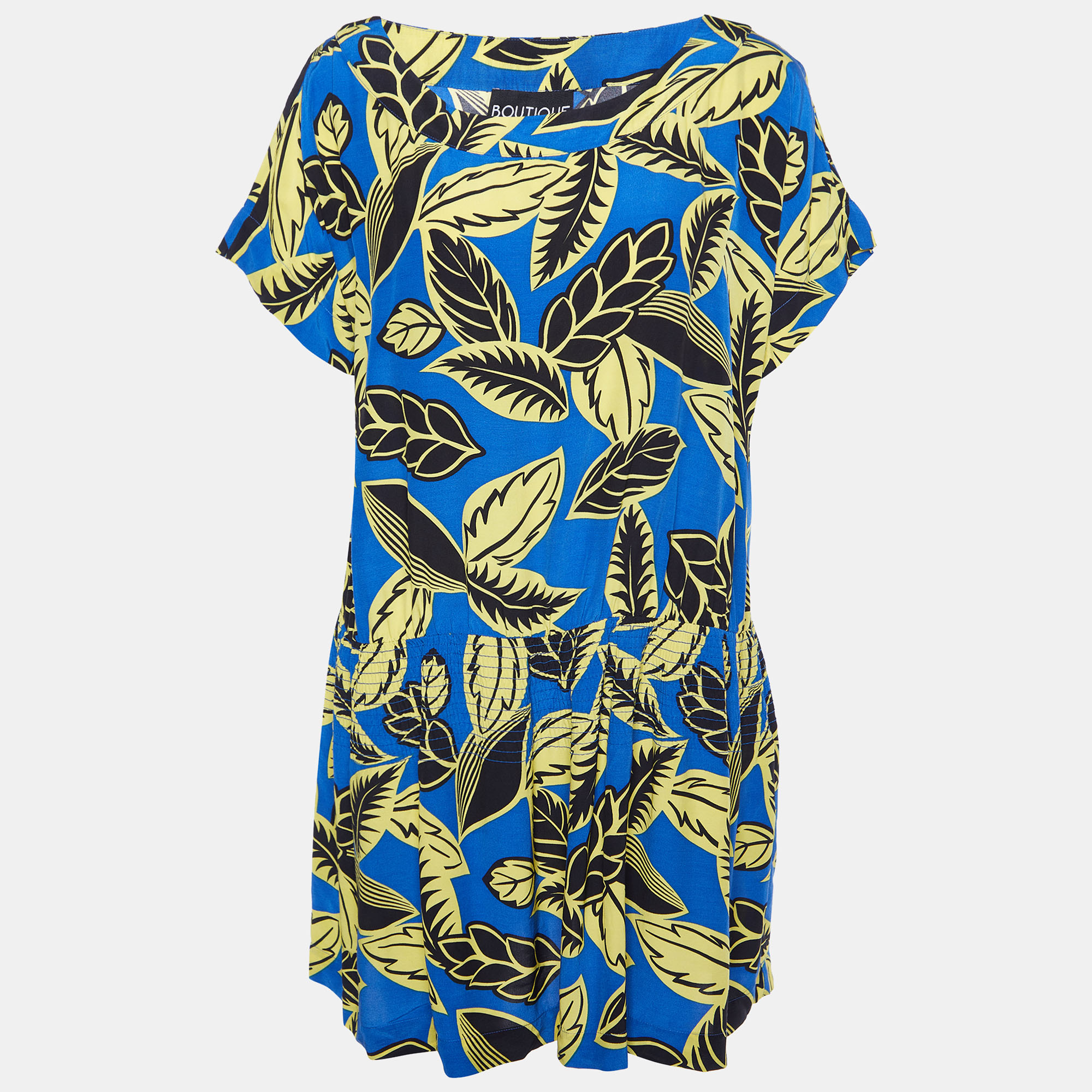 Pre-owned Boutique Moschino Blue Printed Rayon Shirred Detail Mini Dress M