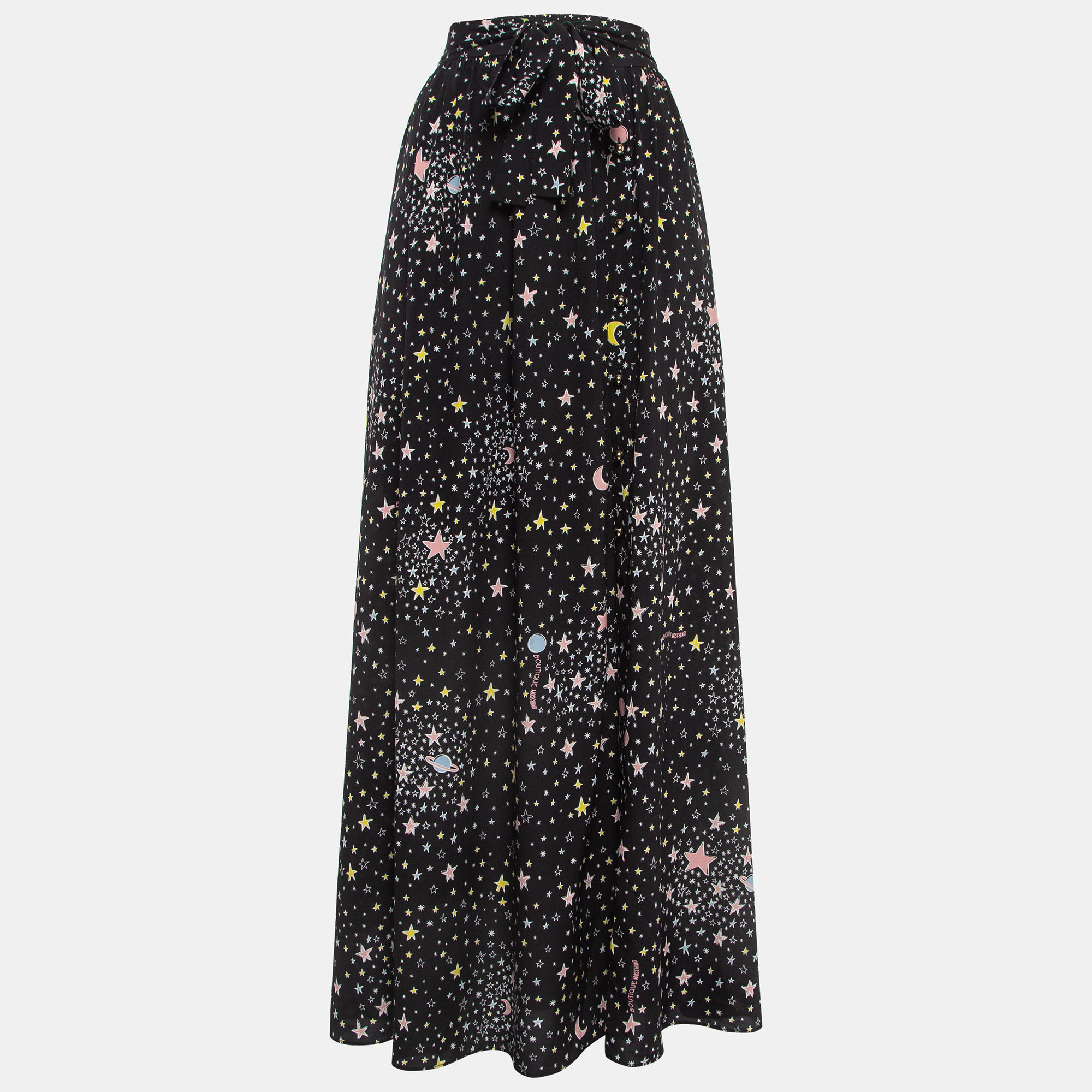 Pre-owned Boutique Moschino Black Stars Print Silk Blend Tie-up Waist Maxi Skirt M