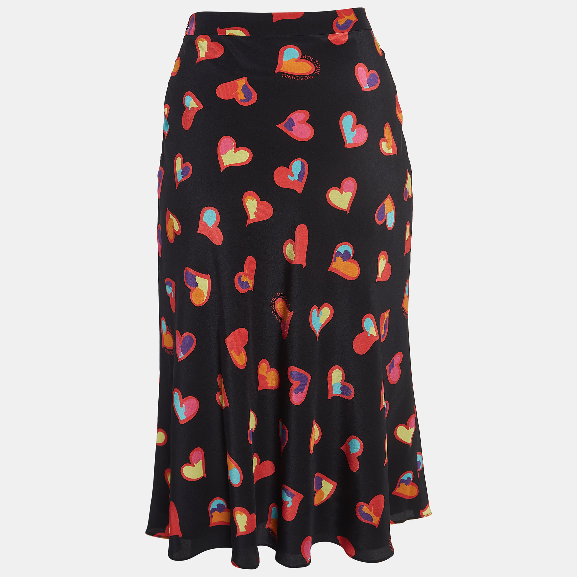 

Boutique Moschino Black Heart Print Silk Flared Midi Skirt