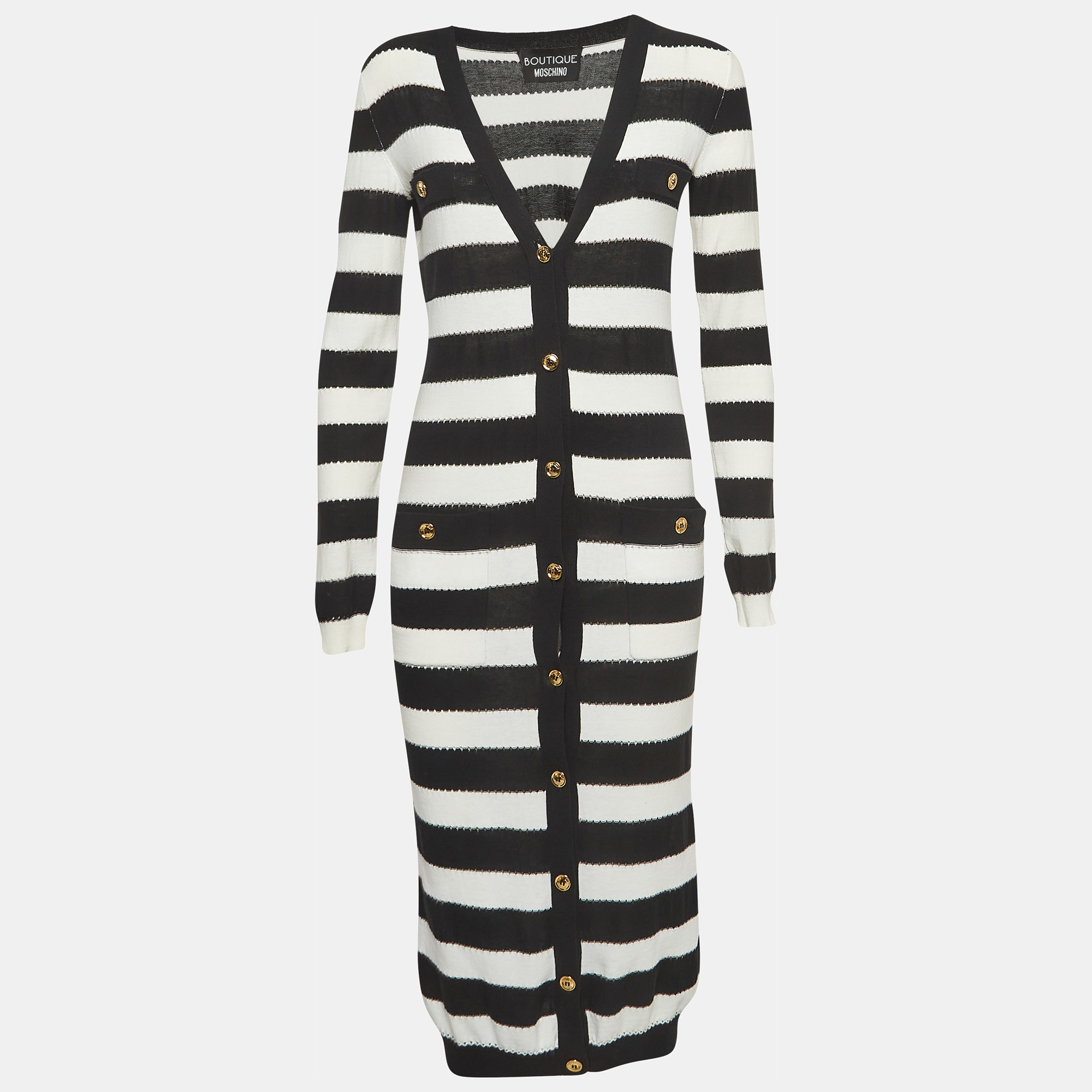 

Boutique Moschino Black/White Striped Knit Buttoned Midi Dress S
