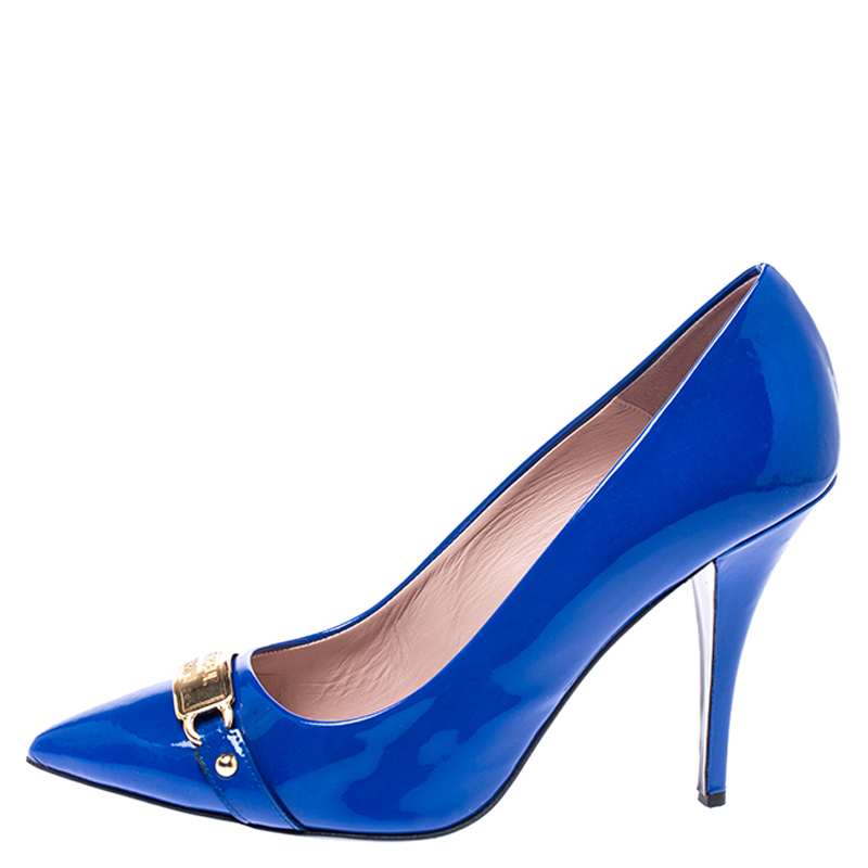 

Boutique Moschino Blue Patent Leather Logo Plague Pointed Toe Pumps Size