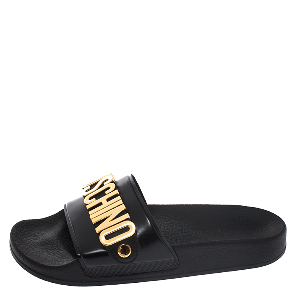 

Boutique Moschino Black PVC Logo Embellished Pool Slide Flats Size