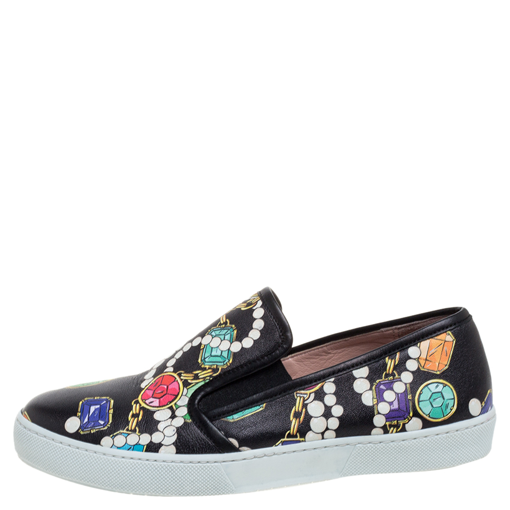 

Boutique Moschino Black Crystal Printed Leather Slip-on Sneakers Size