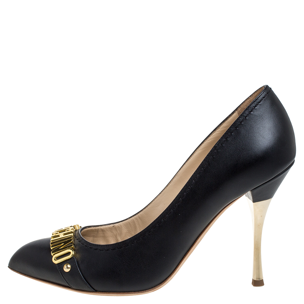

Moschino Black Leather Logo Letter Pointed Toe Pumps Size