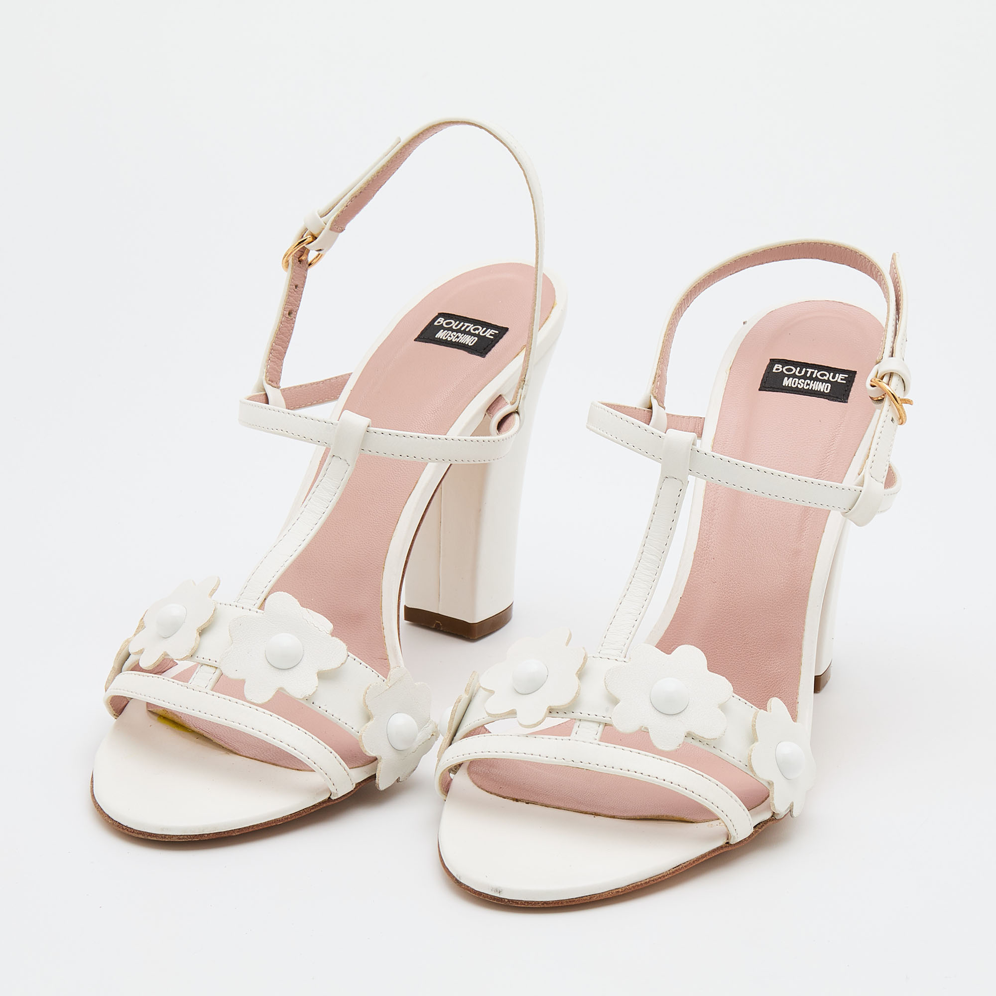 

Boutique Moschino White Leather Flower Applique Slingback Sandals Size