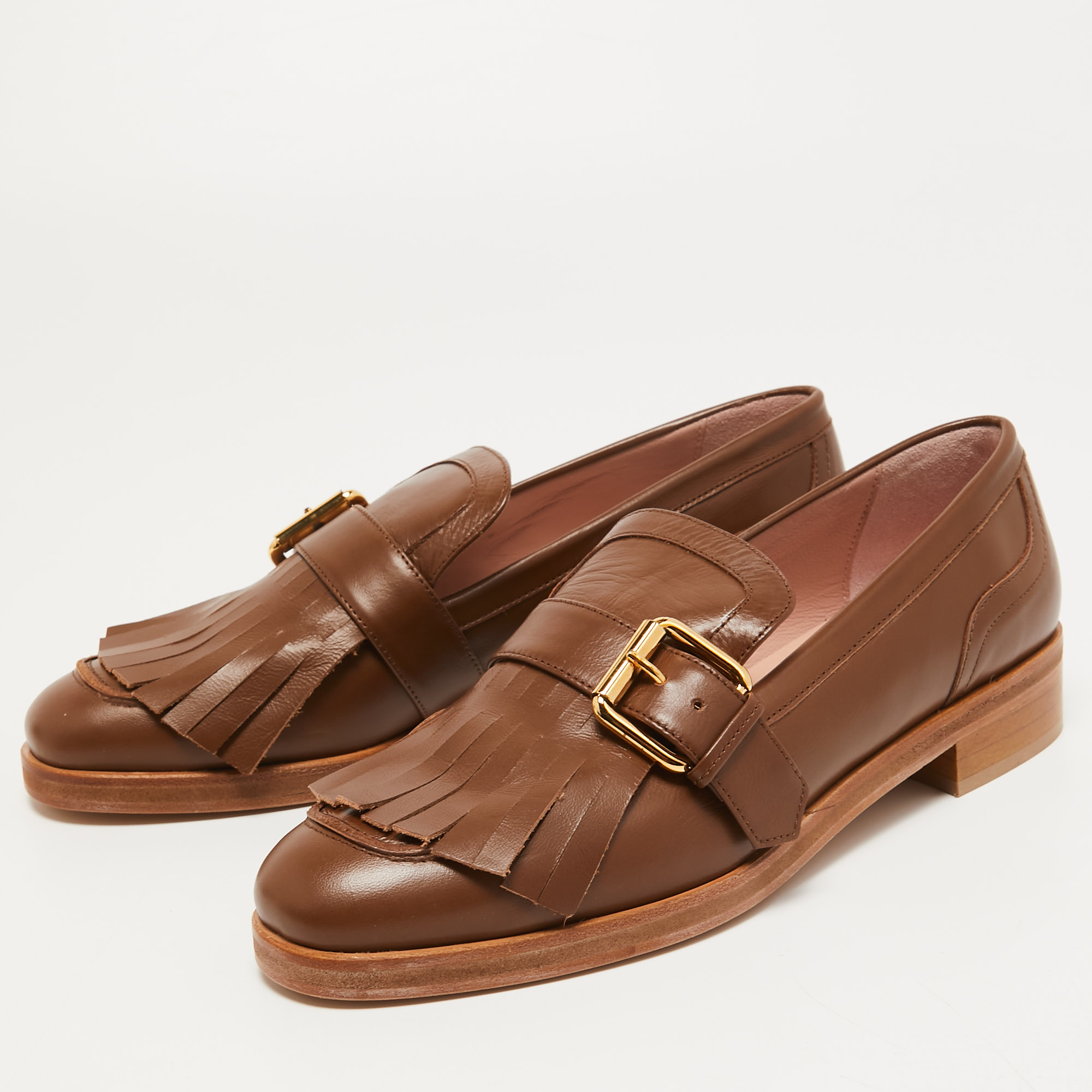 

Boutique Moschino Brown Leather Buckle Fringe Loafers Size