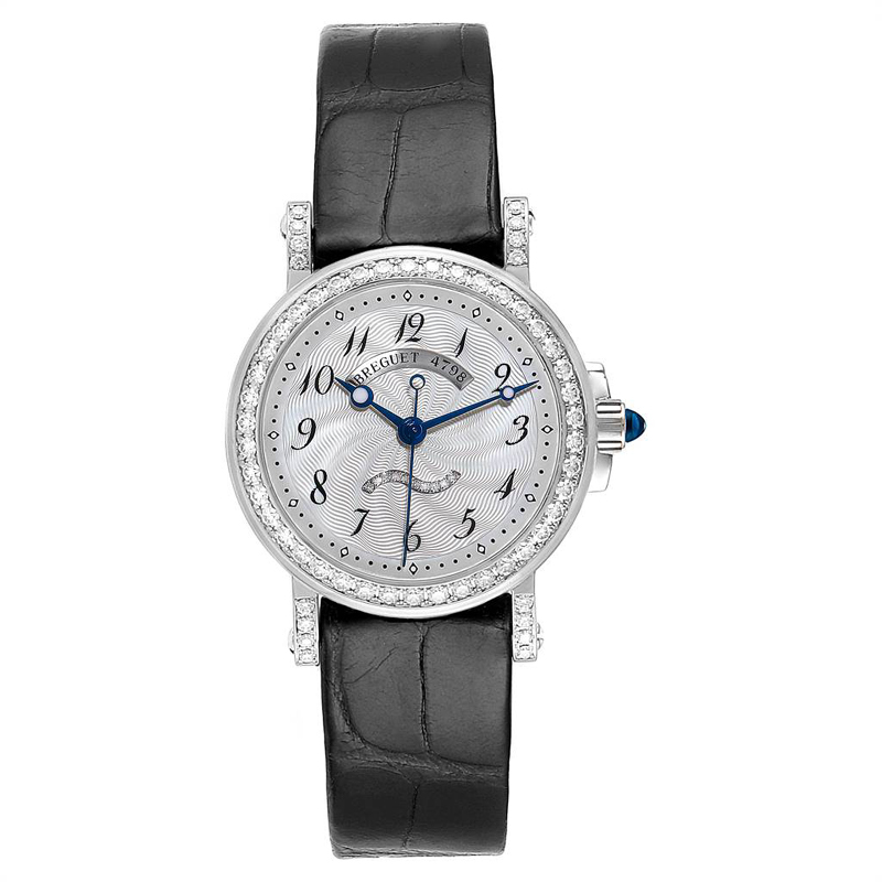 Pre-owned Breguet Mop Diamonds Pave 18k White Gold And Saphhire Marine Classique 8818 Women's Wristwatch 30 Mm