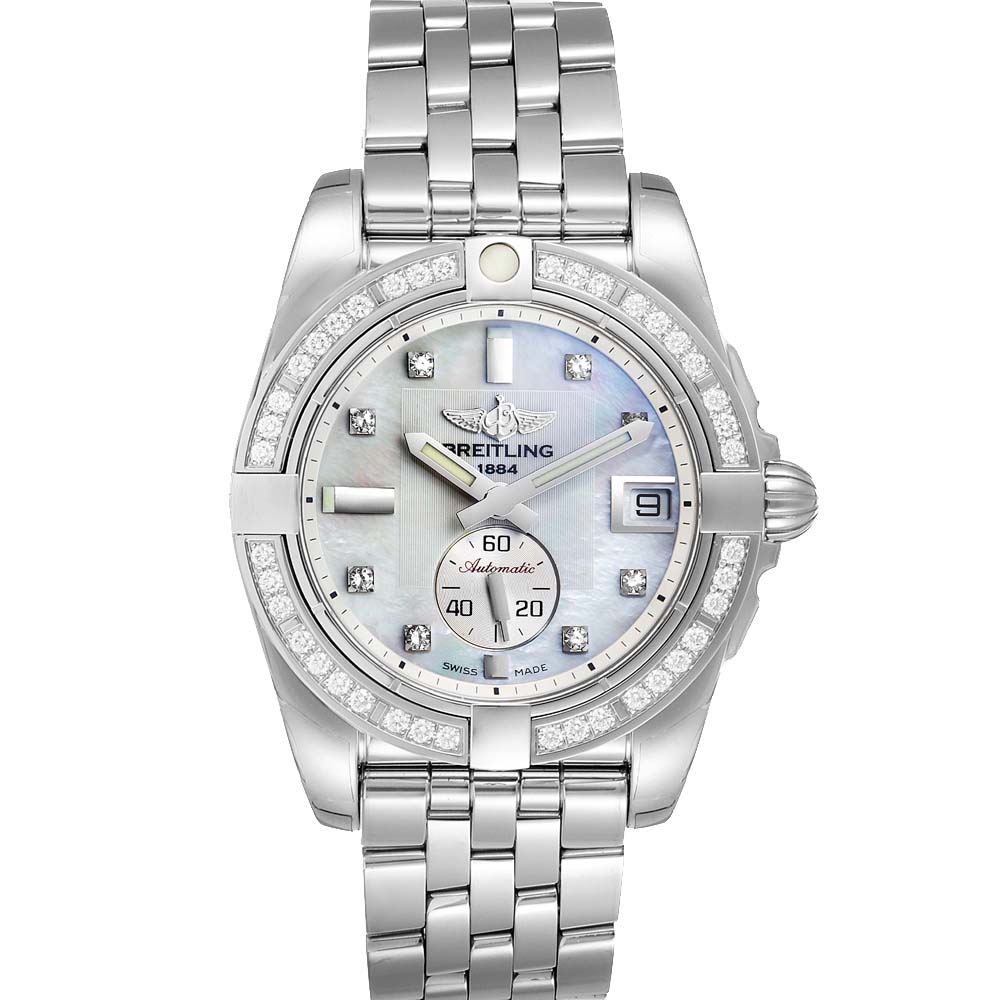 Pre-owned Breitling Mop Diamonds Stainless Steel Galactic A37330 Women's Wristwatch 36 Mm In White