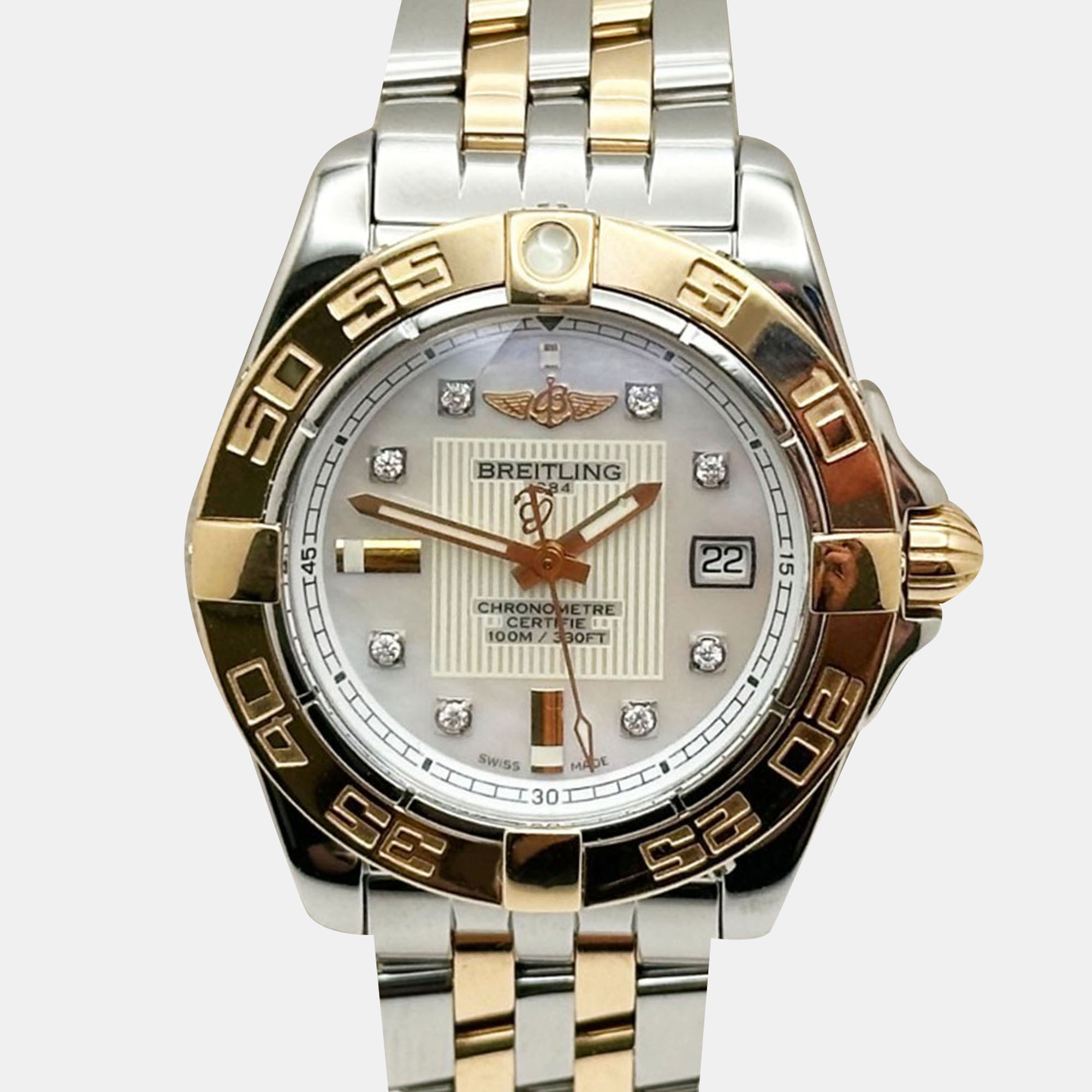 Pre-owned Breitling Galactic C71356 Quartz White Mother Of Pearl Diamond Stainless Steel 18k Rose Gold Women's Wristwatc