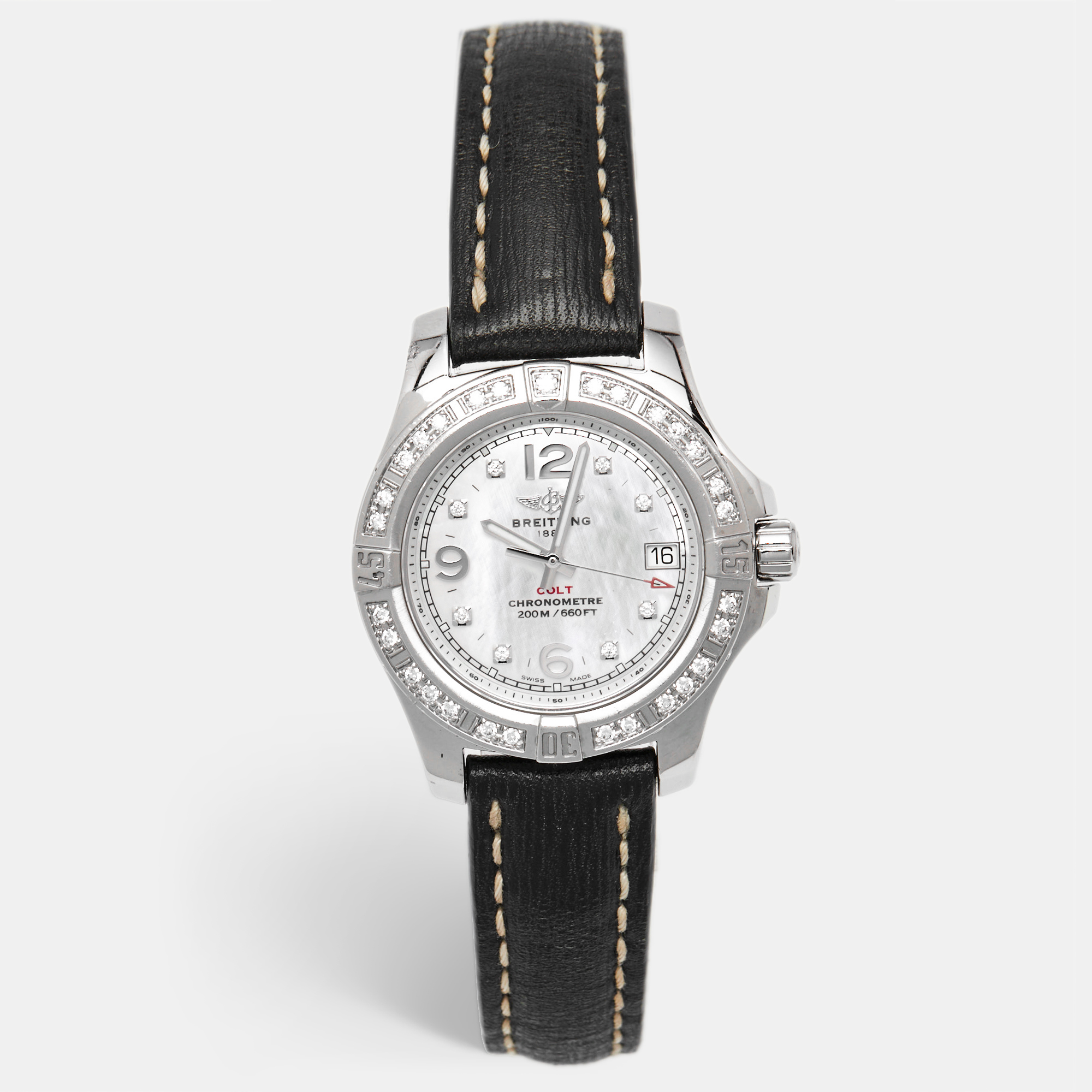

Breitling Colt A7738853-A769-208X-A14BA.1 Mother Of Pearl Dial Diamond Stainless Steel Leather Women's Wristwatch, Black