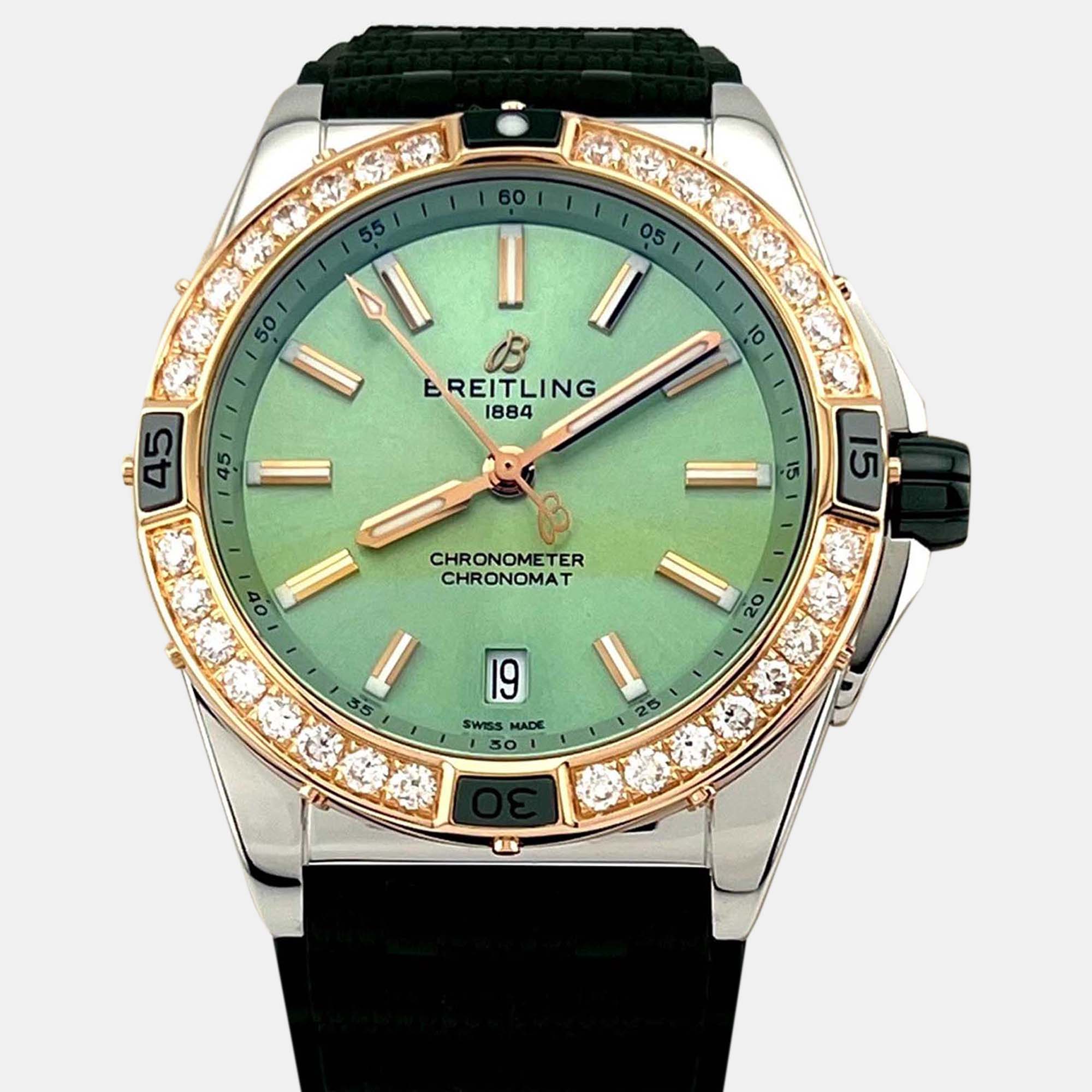 Pre-owned Breitling Super Chronomat U17356 Automatic Green Diamonds 18k Rose Gold Stainless Steel Women's Wristwatch 38 