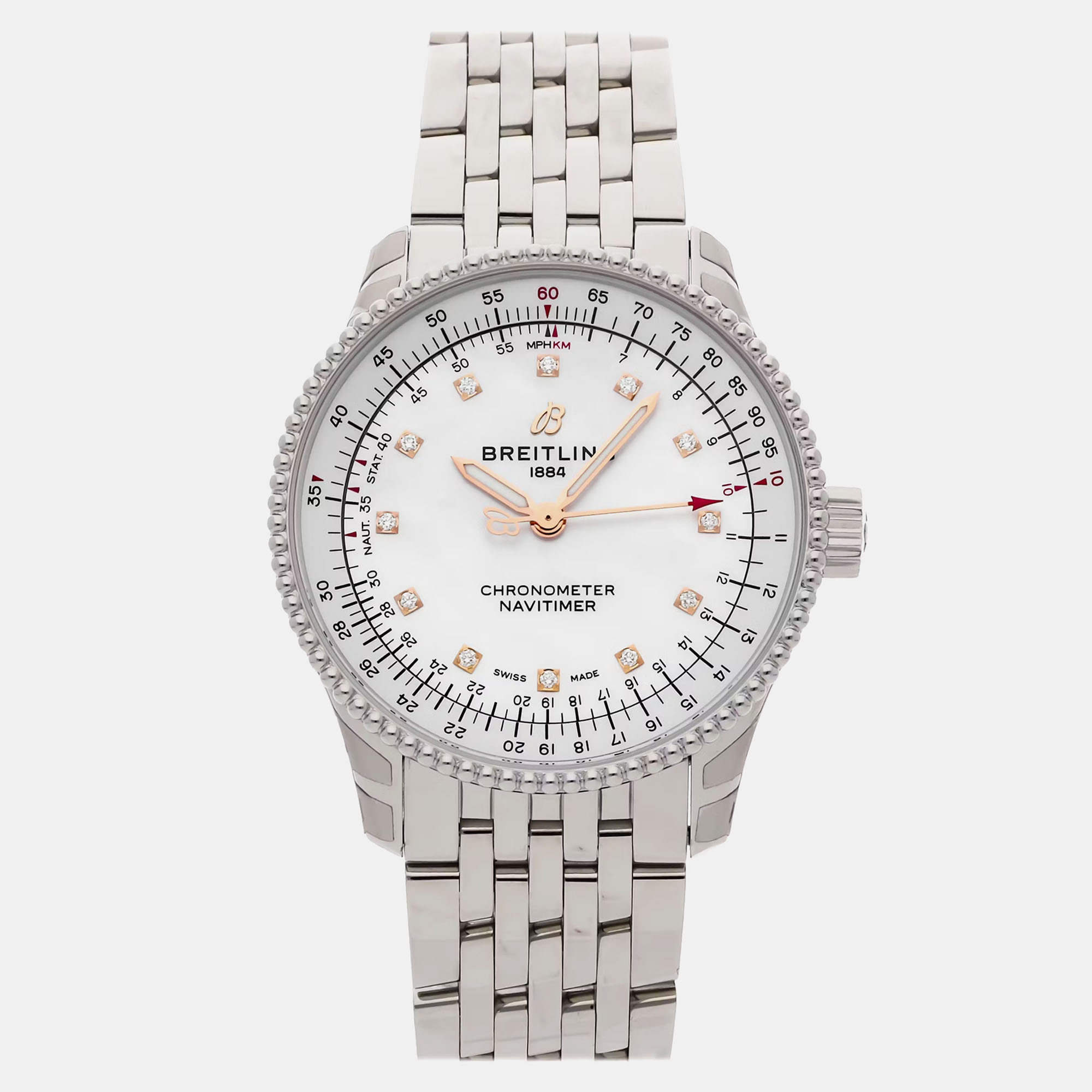 Pre-Owned Breitling Navitimer A17395211A1A1 White Automatic Diamond Stainless Steel Women’s Wristwatch 35 MM