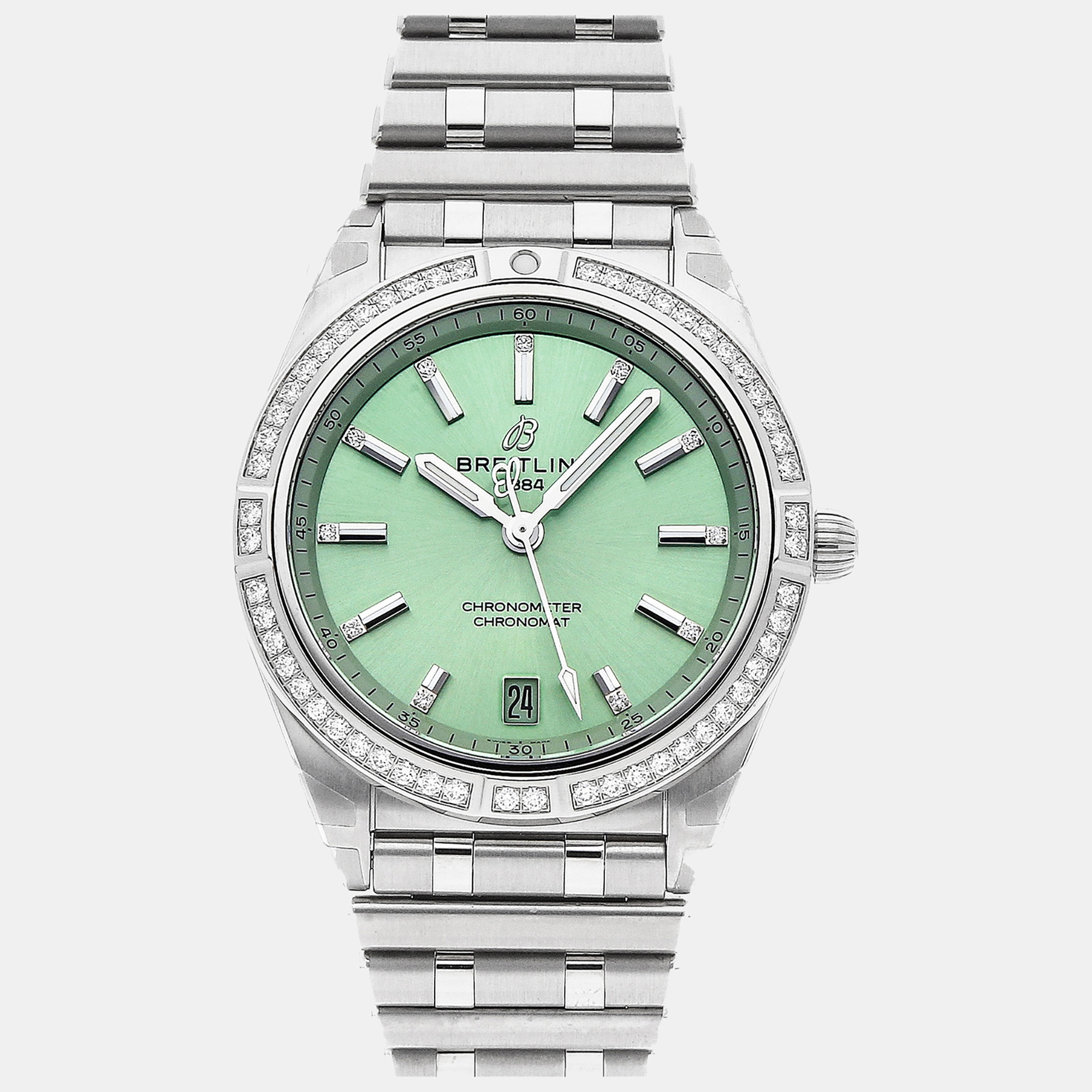 Pre-owned Breitling Green Diamond Stainless Steel Chronomat A10380591l1a1 Automatic Women's Wristwatch 36 Mm