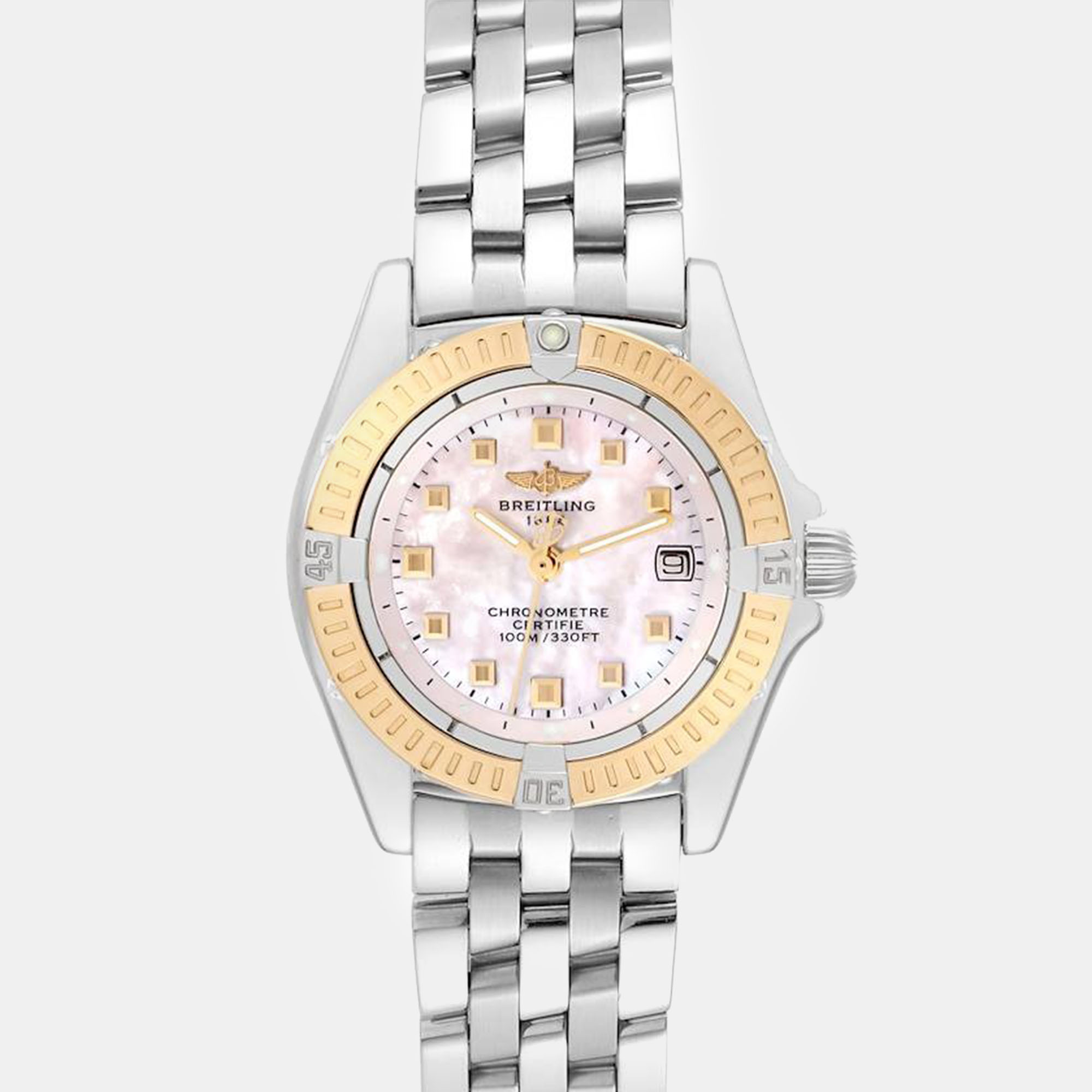 

Breitling Mother of Pearl Diamond 18k Yellow Gold Stainless Steel Windrider D72345 Quartz Women's Wristwatch 29 mm, Pink