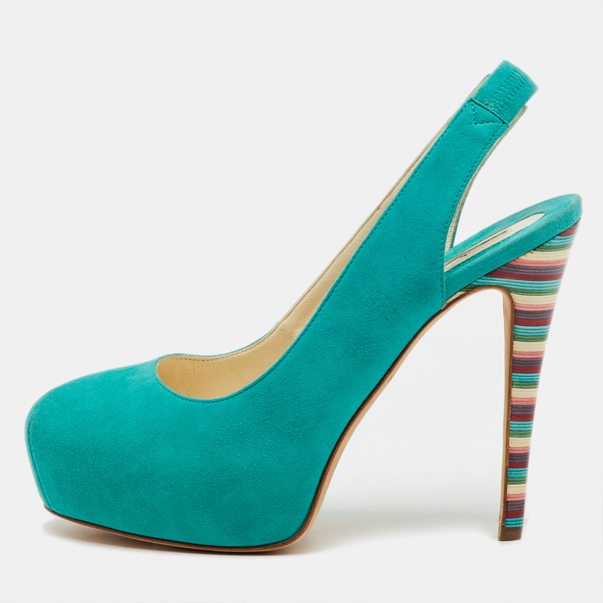 

Brian Atwood Turquoise Blue Suede Platform Slingback Pumps Size