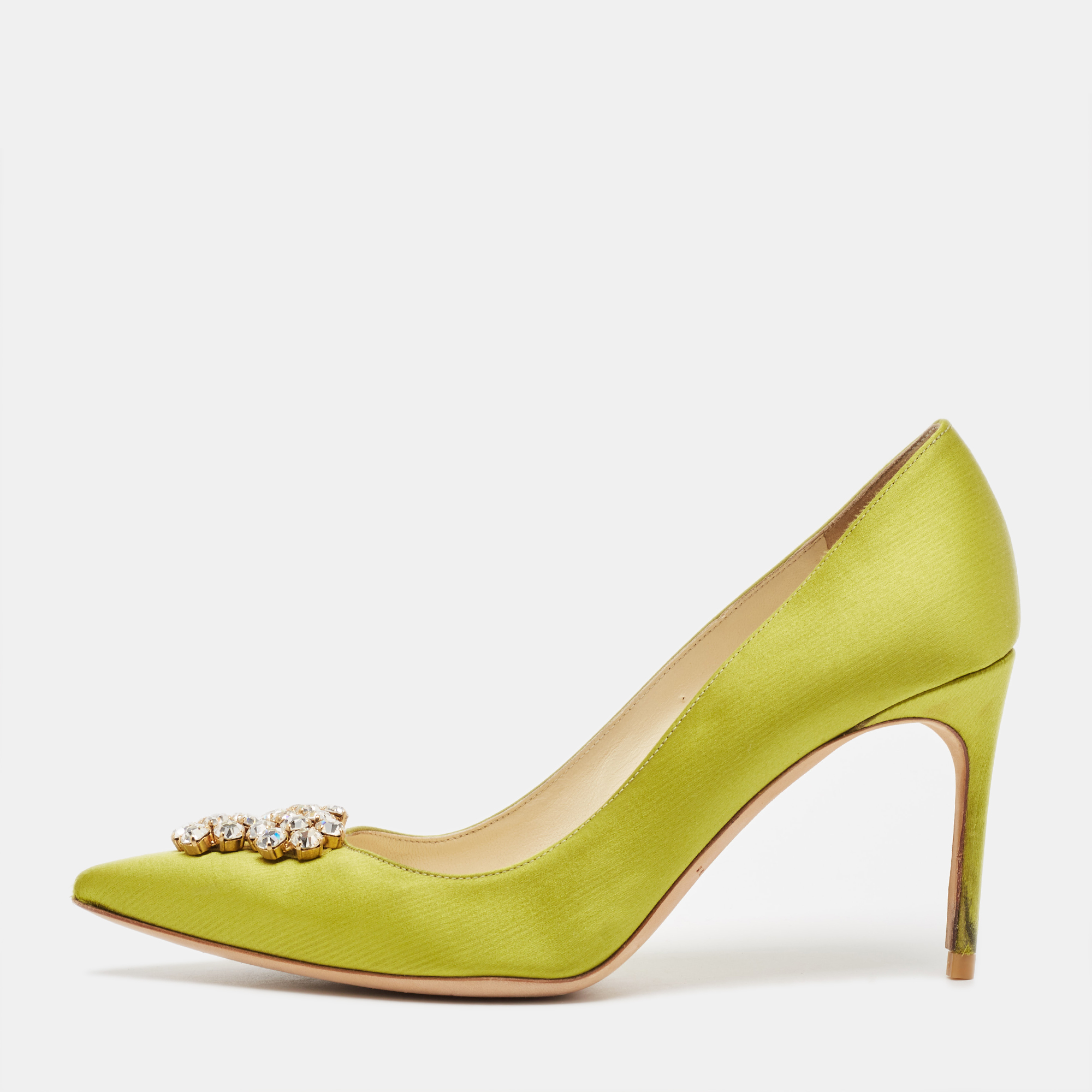 

Brian Atwood Green Satin Crystal Embellished Pointed Toe Pumps Size