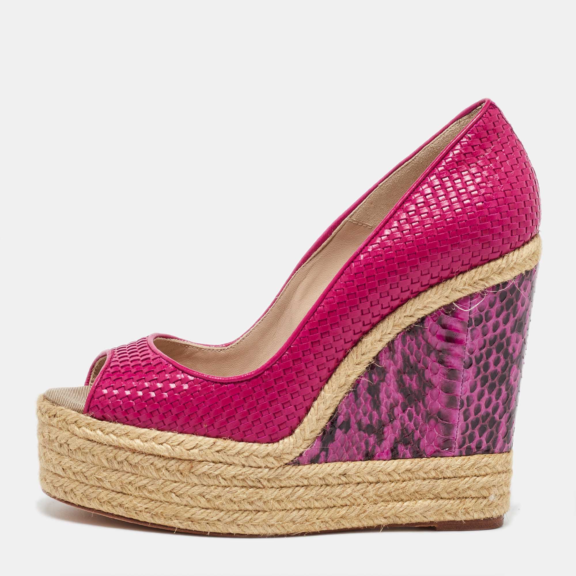 

Brian Atwood Pink/Purple Water Snakeskin Leather Wedge Pumps Size