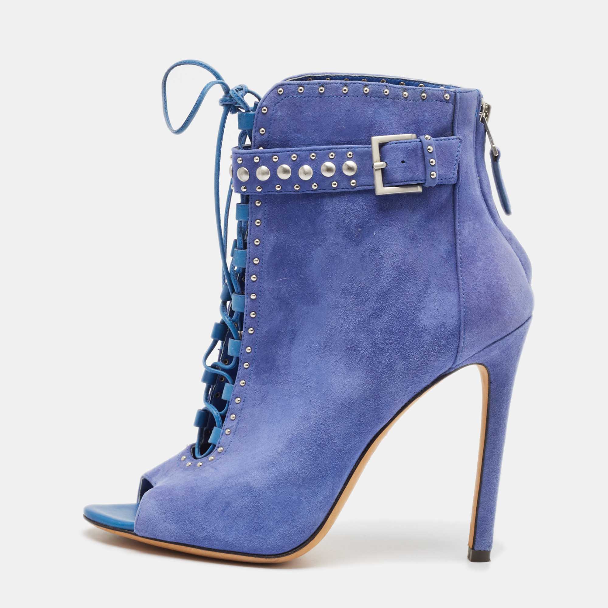 

Brian Atwood Blue Suede Embellished Ankle Length Boots Size