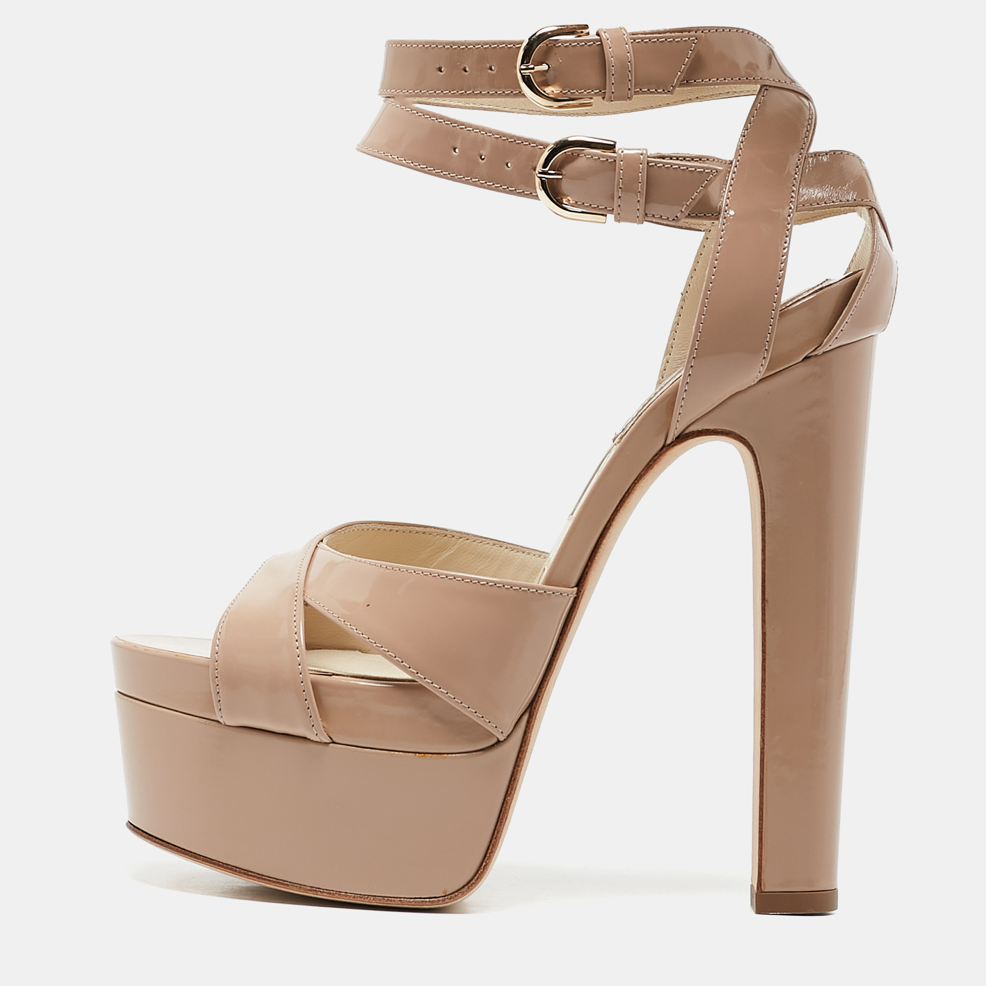 

Brian Atwood Beige Patent Leather Carmen Platform Sandals Size