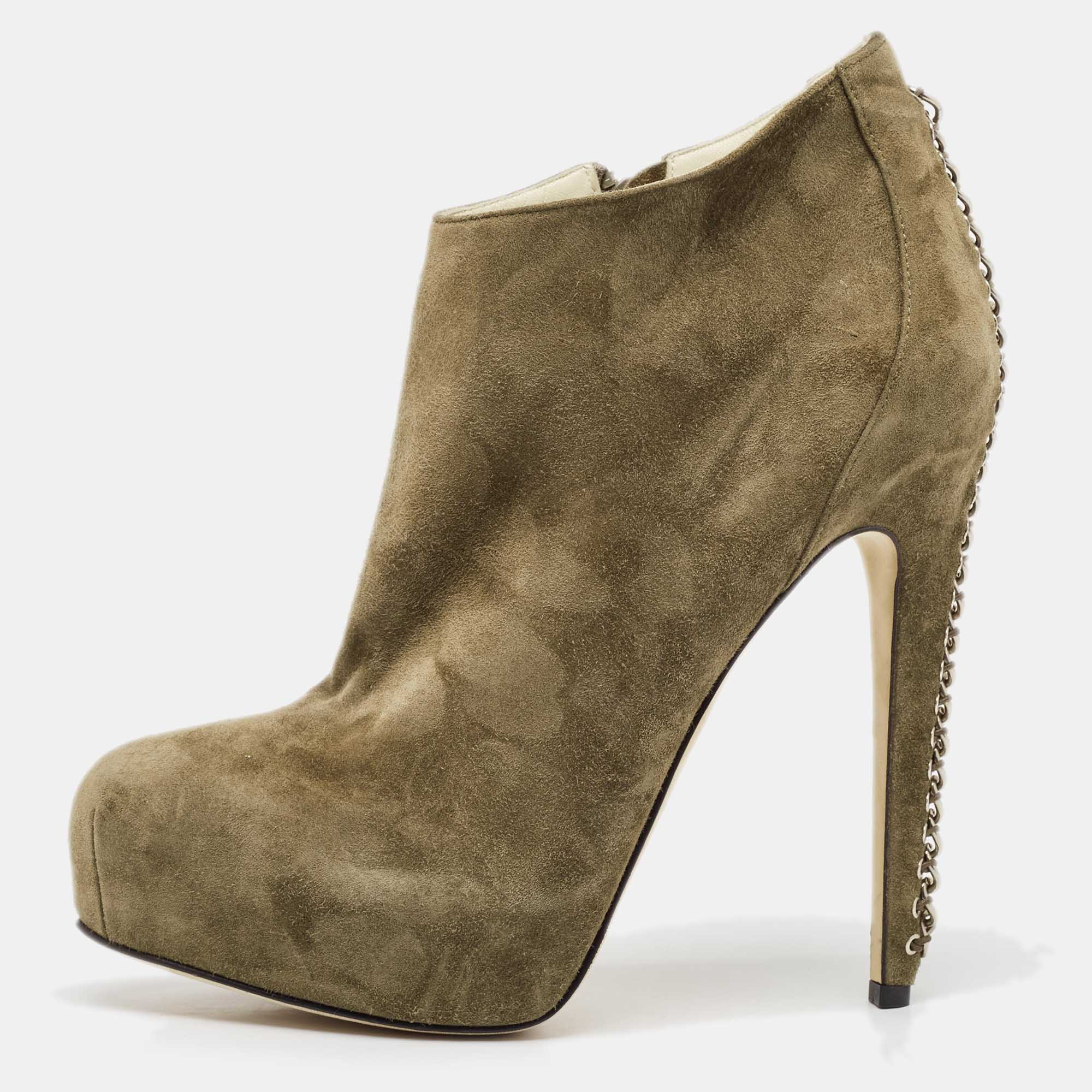 

Brian Atwood Olive Green Suede Chain Embellished Booties Size