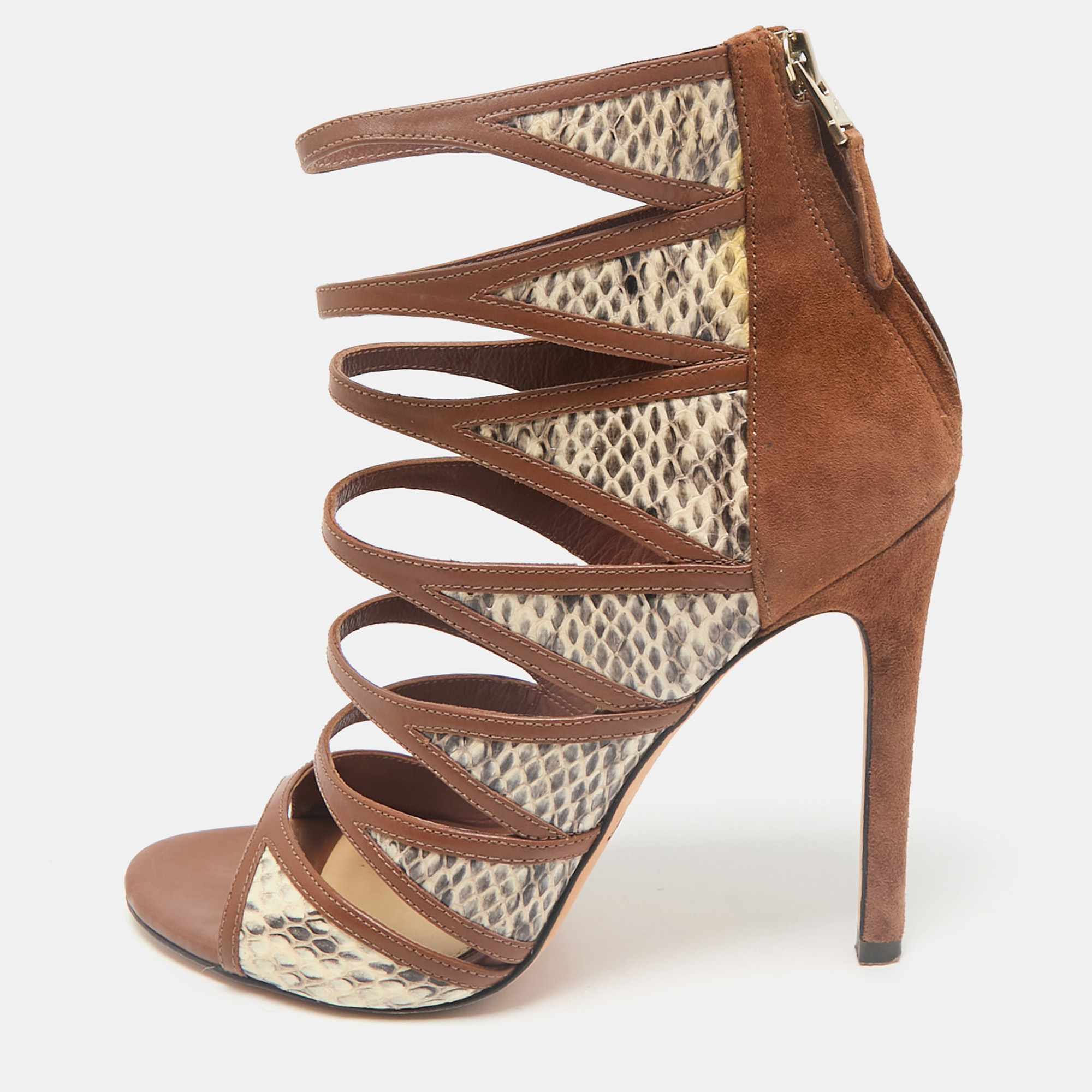 

Brian Atwood Brown Leather and Snakeskin Lynnden Cage Sandals Size 38