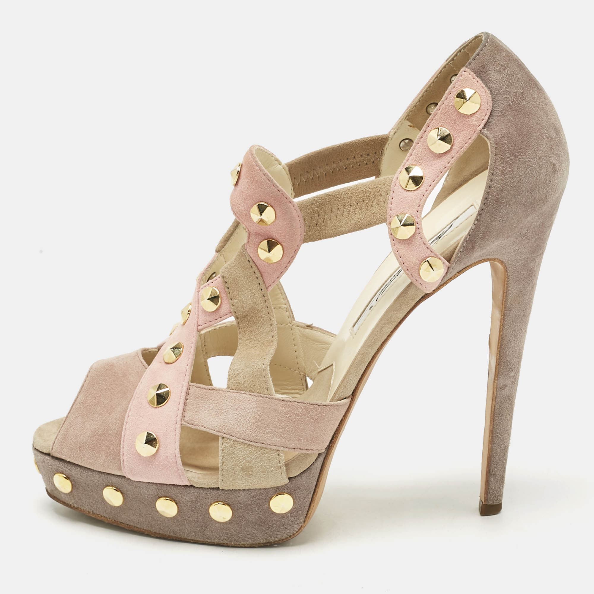 Pre-owned Brian Atwood Beige Cut Out Studded Suede Peep Toe Platform Sandals Size 39